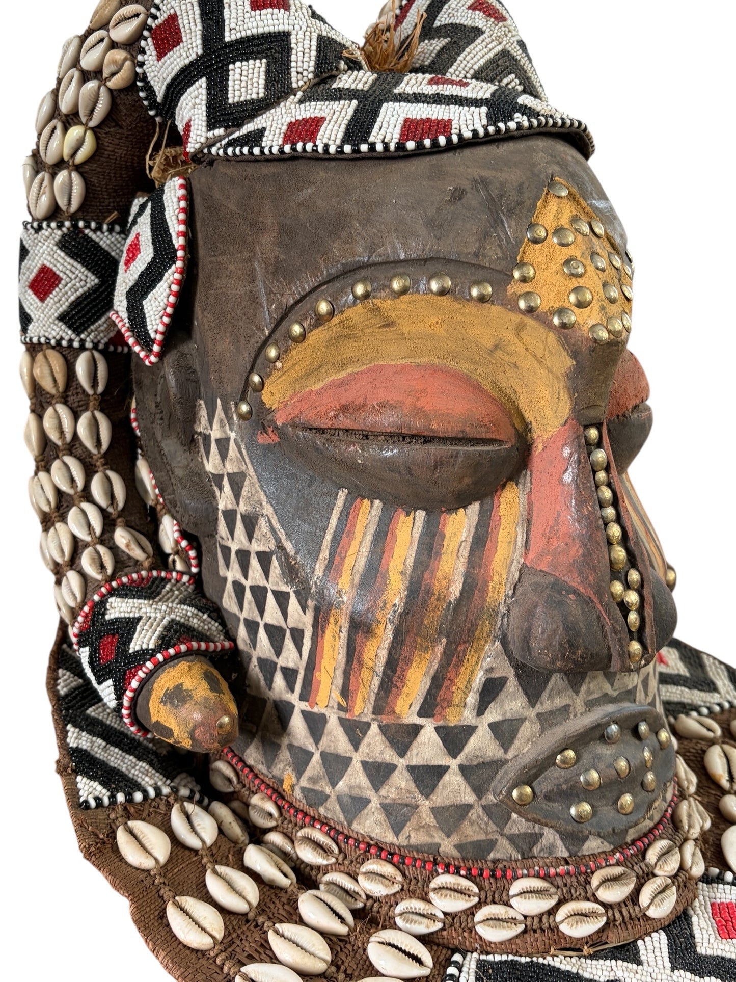 #680 Vintage Large African Tribal Kuba Royal Head Mask Congo 14" H