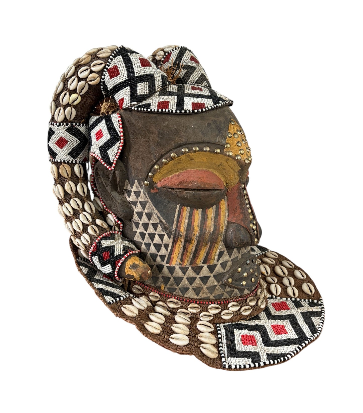 #680 Vintage Large African Tribal Kuba Royal Head Mask Congo 14" H