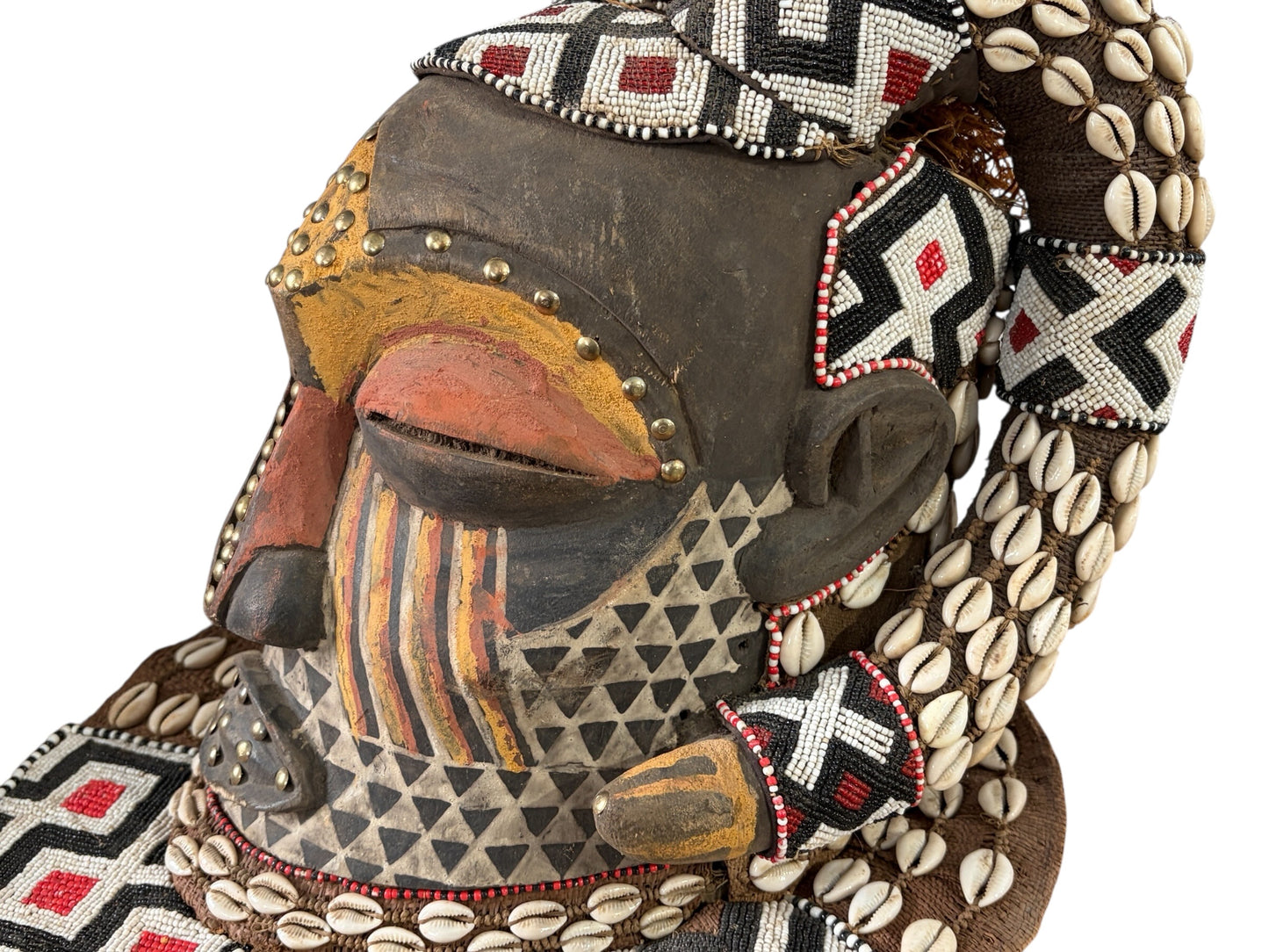 #680 Vintage Large African Tribal Kuba Royal Head Mask Congo 14" H