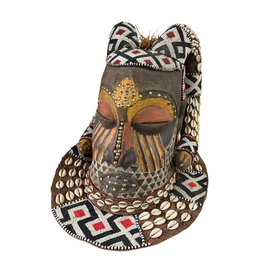 #680 Vintage Large African Tribal Kuba Royal Head Mask Congo 14" H