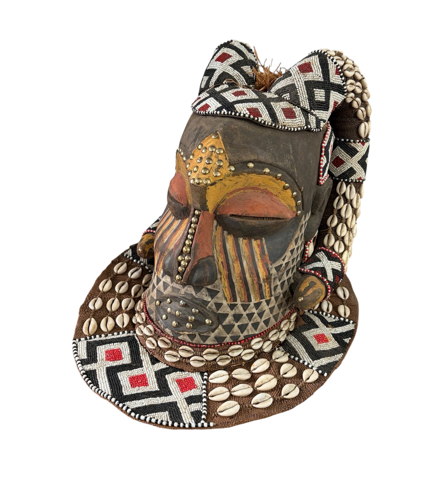 #680 Vintage Large African Tribal Kuba Royal Head Mask Congo 14" H