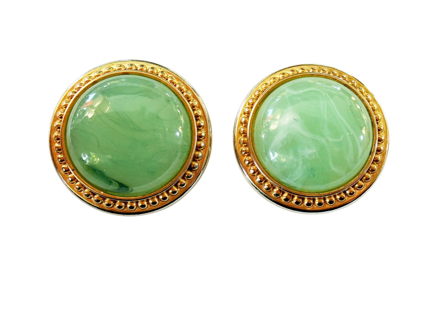 #136 Vintage Gold  Tone Earrings w/Round  Celadon Green Jadeite  Faux Jade