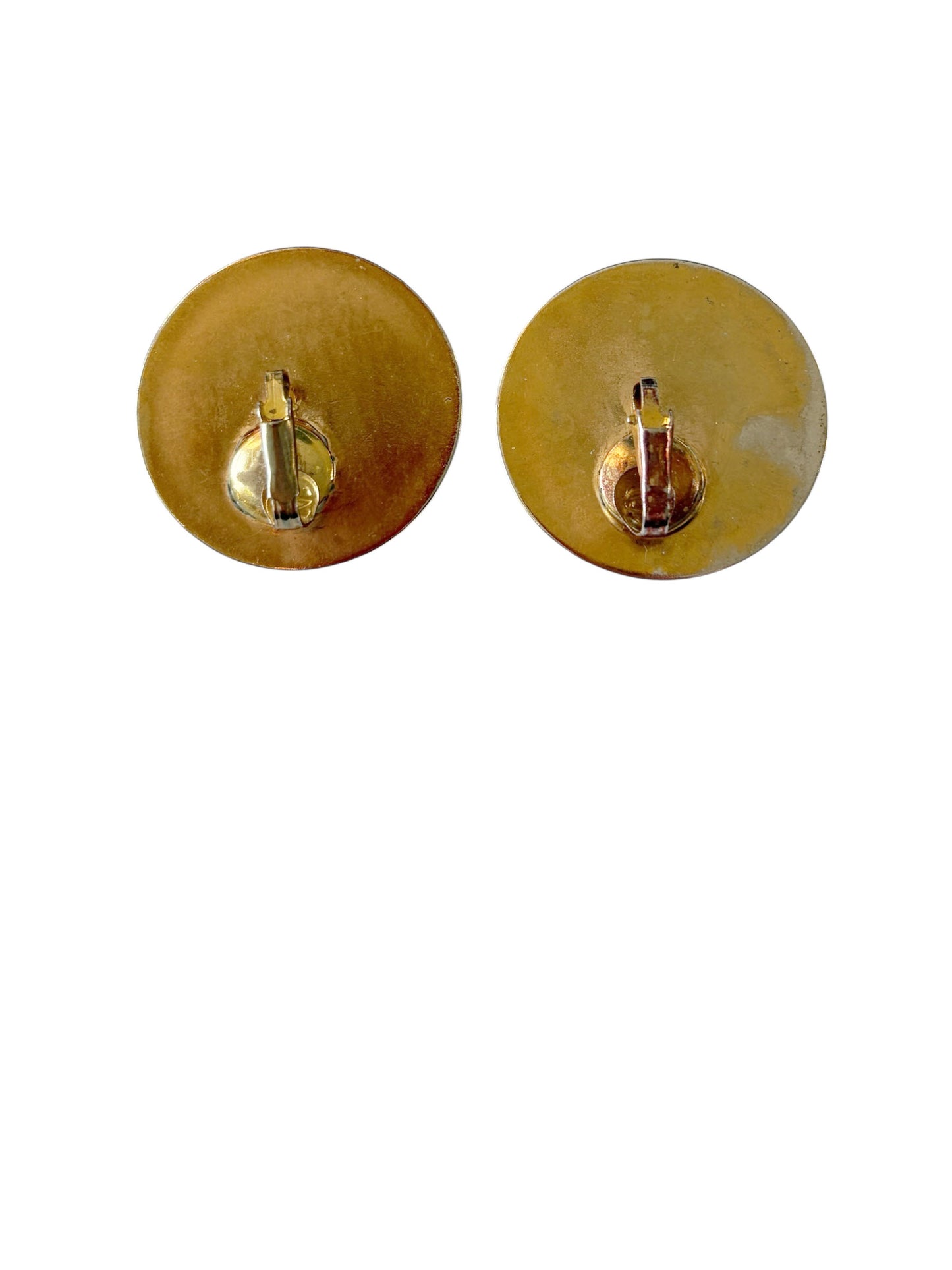 #136 Vintage Gold  Tone Earrings w/Round  Celadon Green Jadeite  Faux Jade