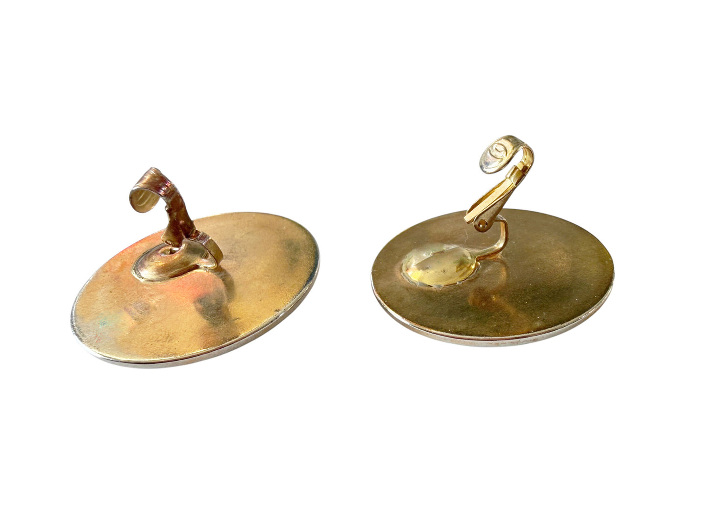 #136 Vintage Gold  Tone Earrings w/Round  Celadon Green Jadeite  Faux Jade