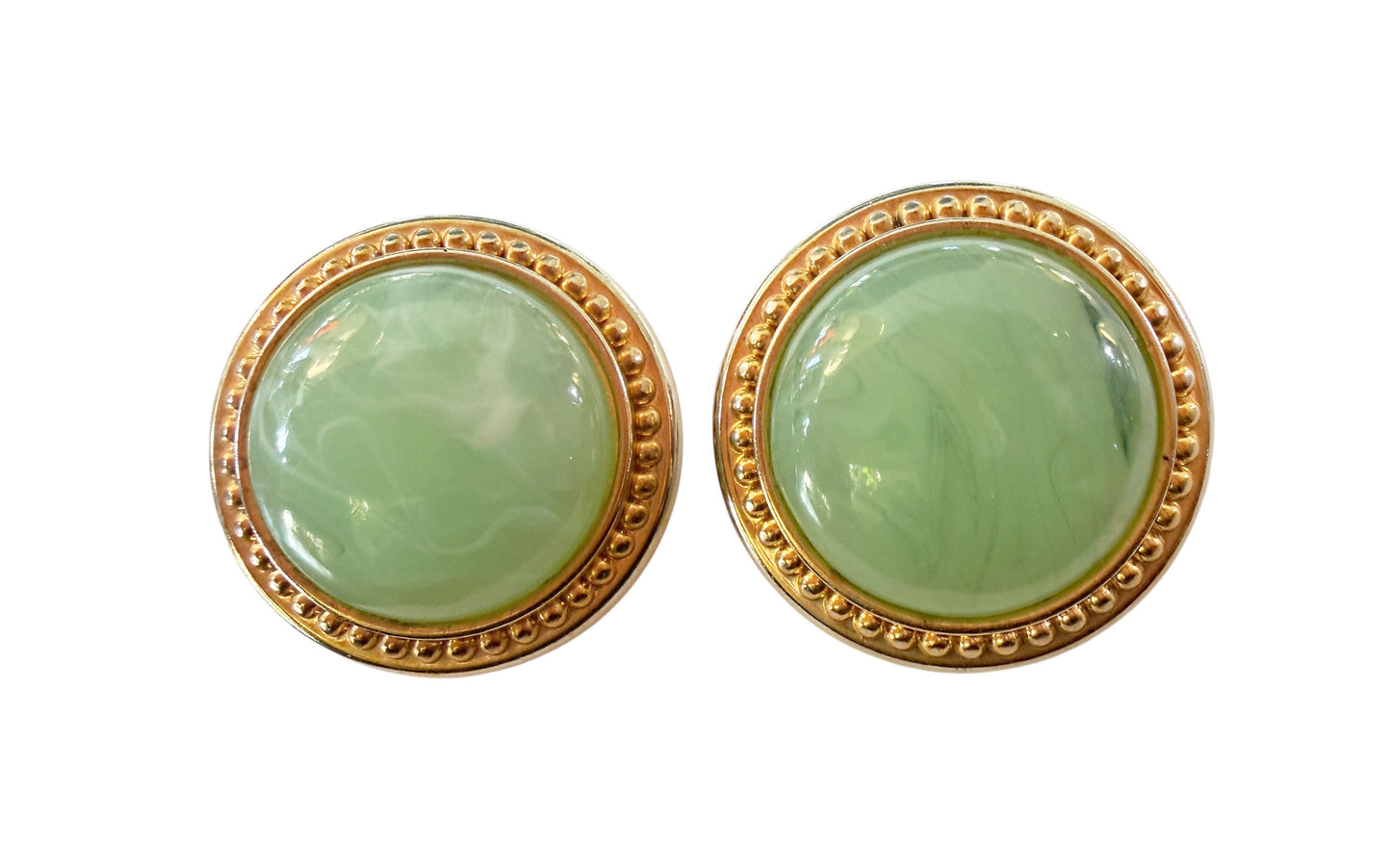 #136 Vintage Gold  Tone Earrings w/Round  Celadon Green Jadeite  Faux Jade