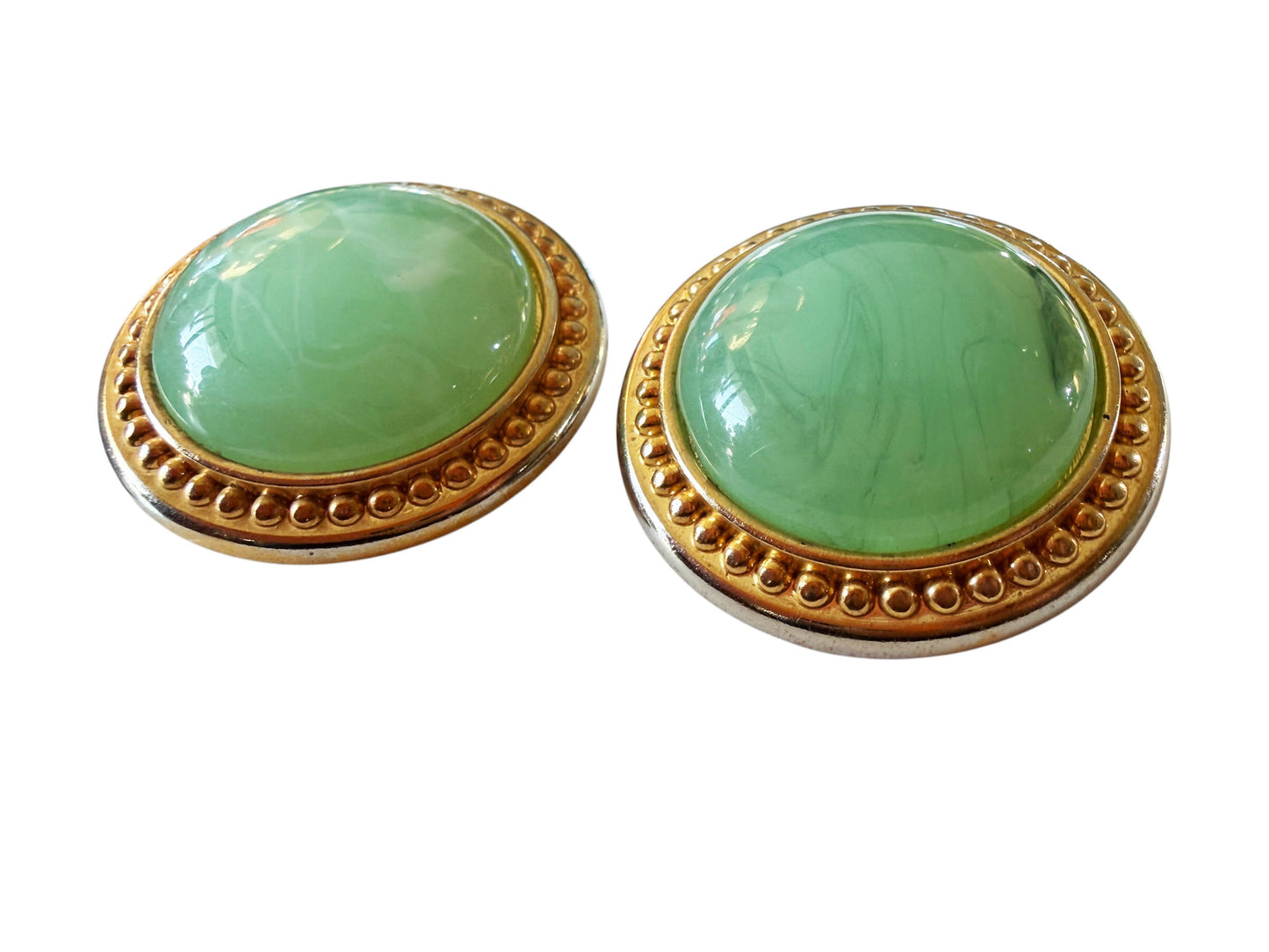 #136 Vintage Gold  Tone Earrings w/Round  Celadon Green Jadeite  Faux Jade