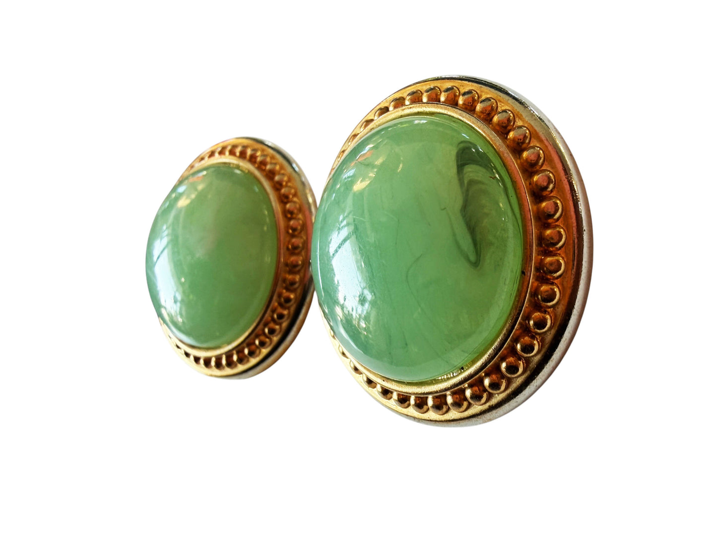 #136 Vintage Gold  Tone Earrings w/Round  Celadon Green Jadeite  Faux Jade