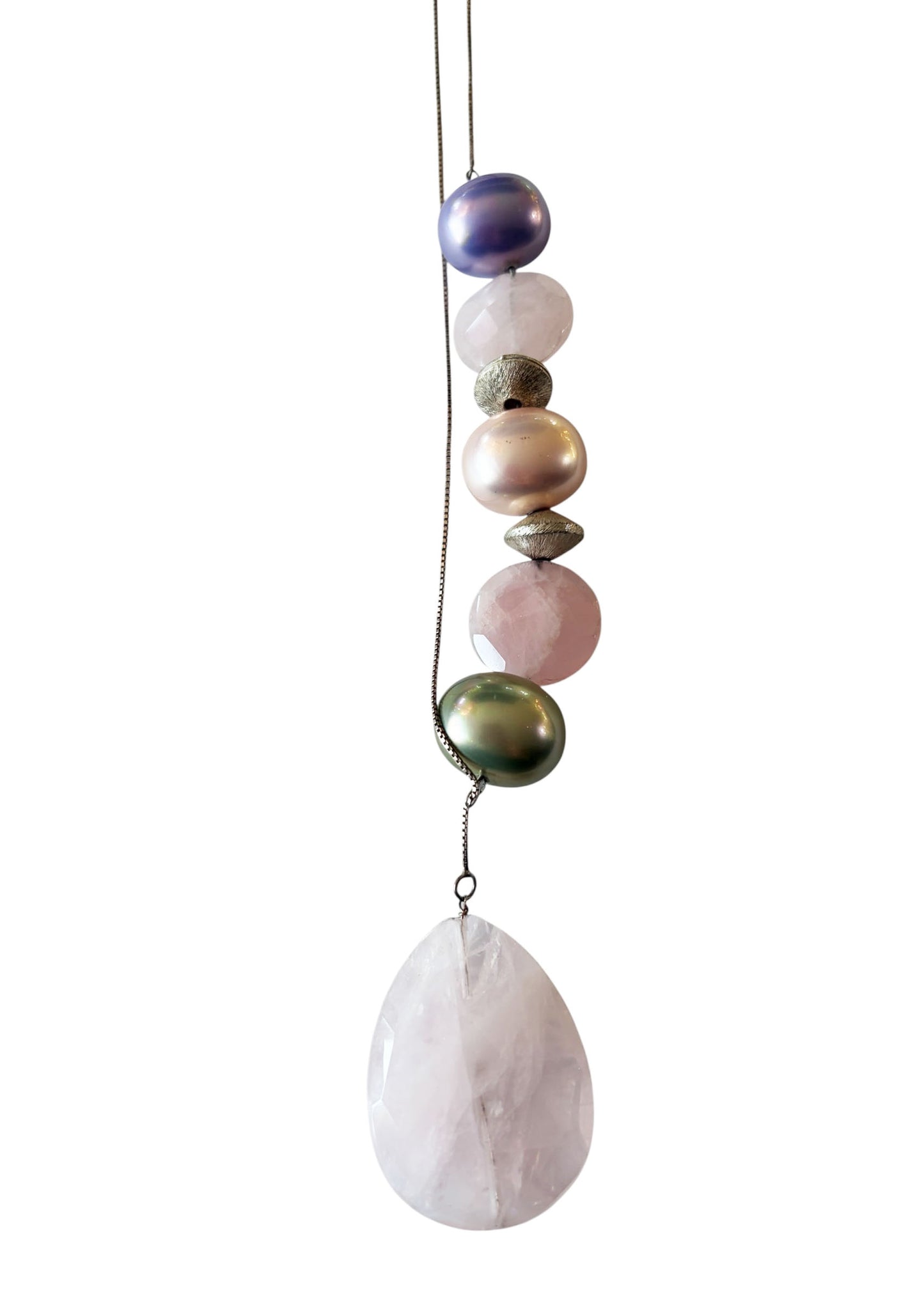 #135 Designer Sterling Silver Chain  Necklace with Brazilian Rose Quartz/Pearls