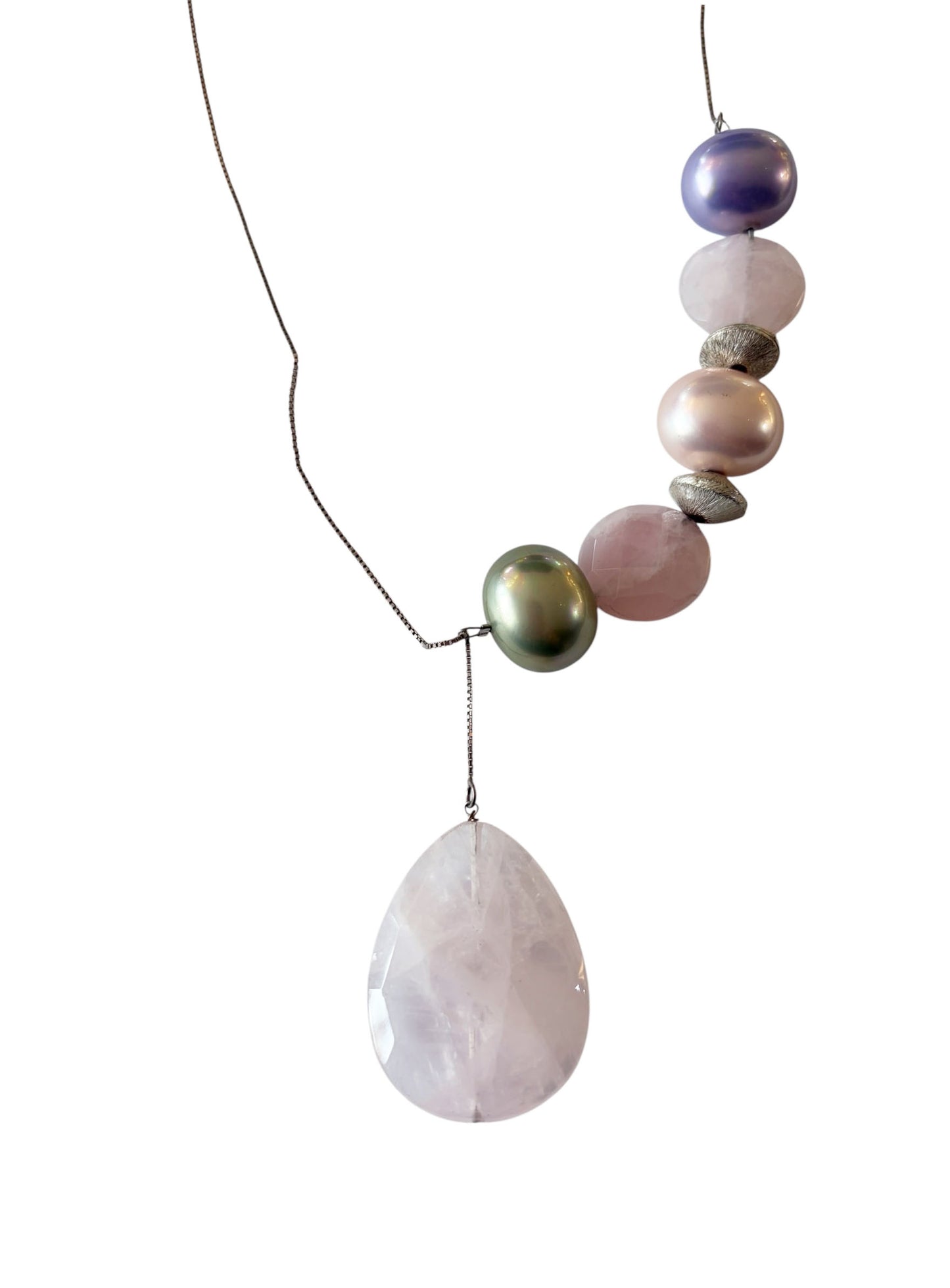 #135 Designer Sterling Silver Chain  Necklace with Brazilian Rose Quartz/Pearls