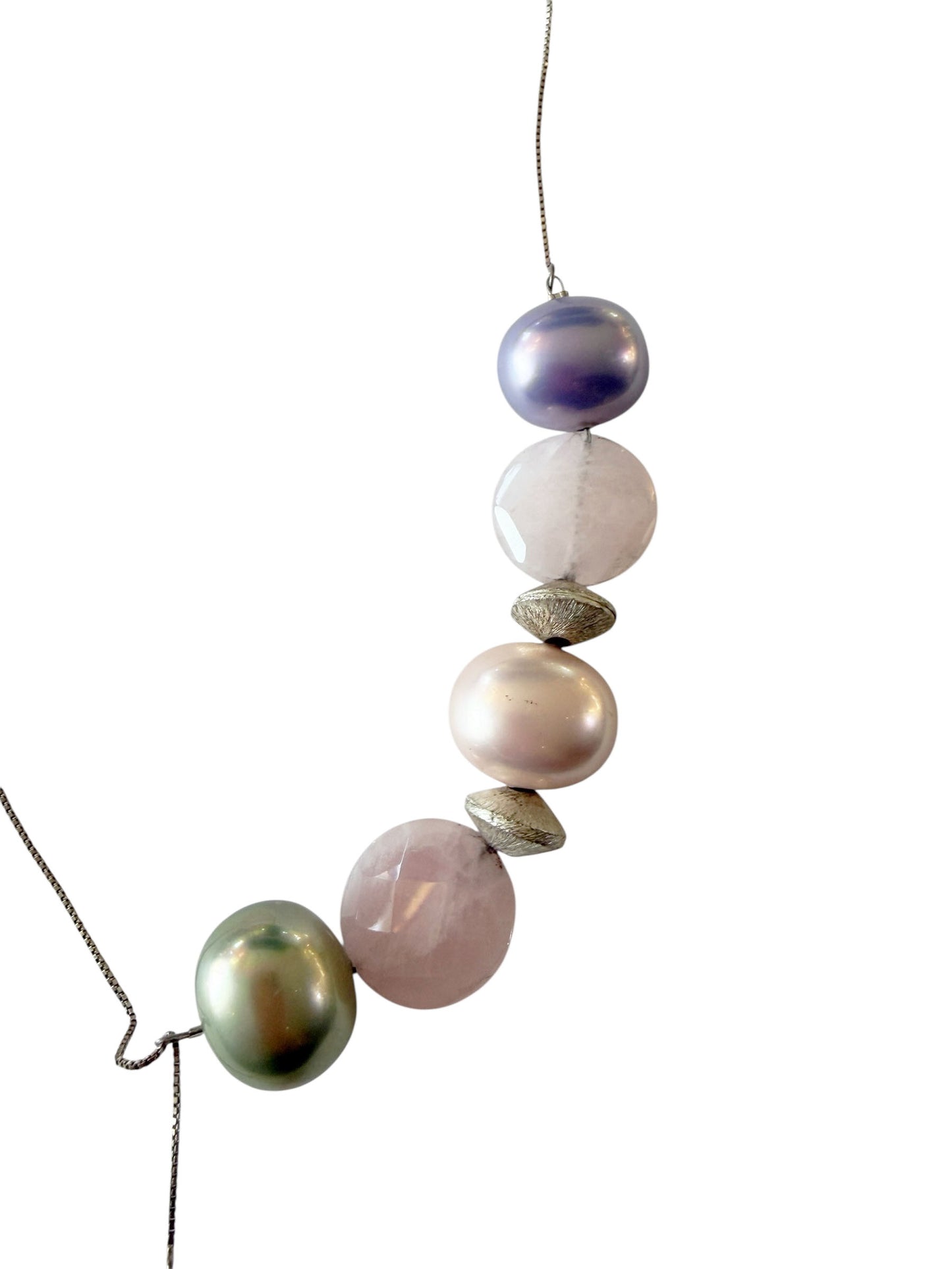 #135 Designer Sterling Silver Chain  Necklace with Brazilian Rose Quartz/Pearls