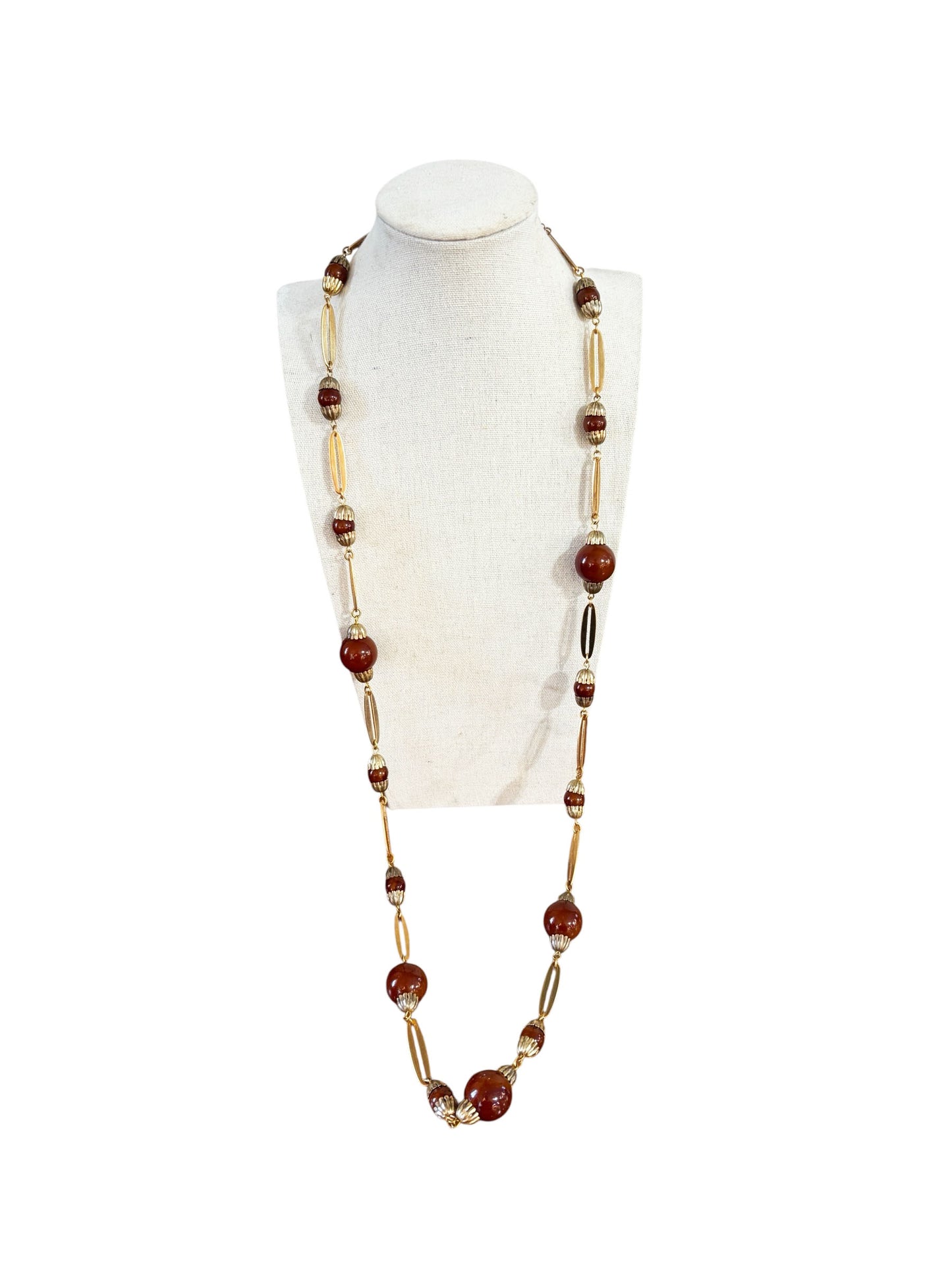 #133 Vintage Gold-Tone and Brown Beads Necklace 18.5" H