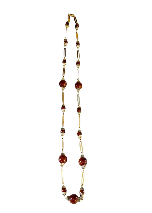 #133 Vintage Gold-Tone and Brown Beads Necklace 18.5" H