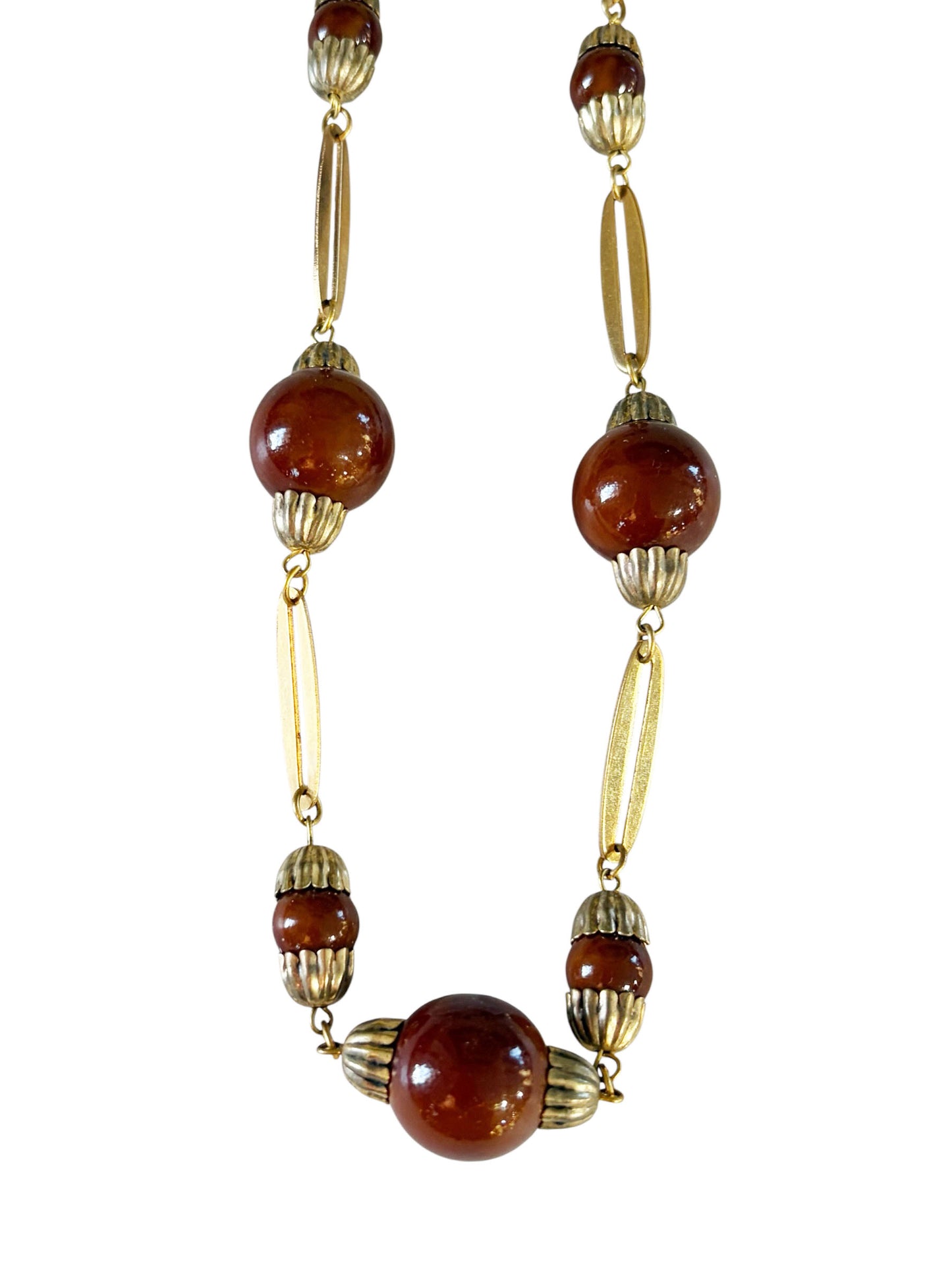 #133 Vintage Gold-Tone and Brown Beads Necklace 18.5" H