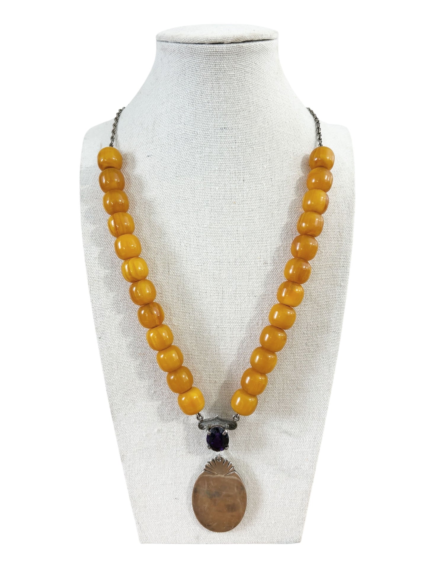 #139 Vintage  Designer Silver pendant Amber and Brazilian Amethyst Necklace