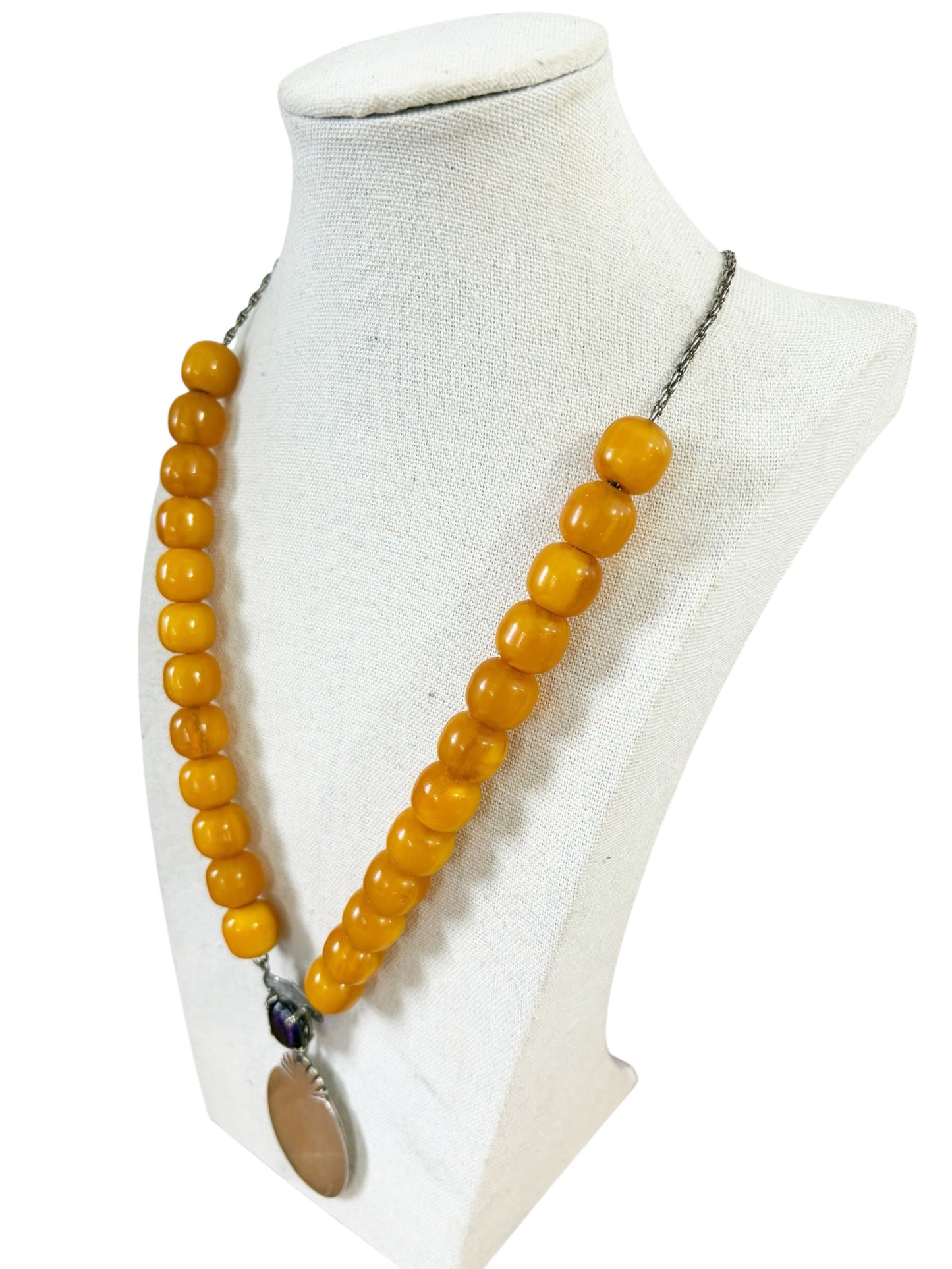 #139 Vintage  Designer Silver pendant Amber and Brazilian Amethyst Necklace