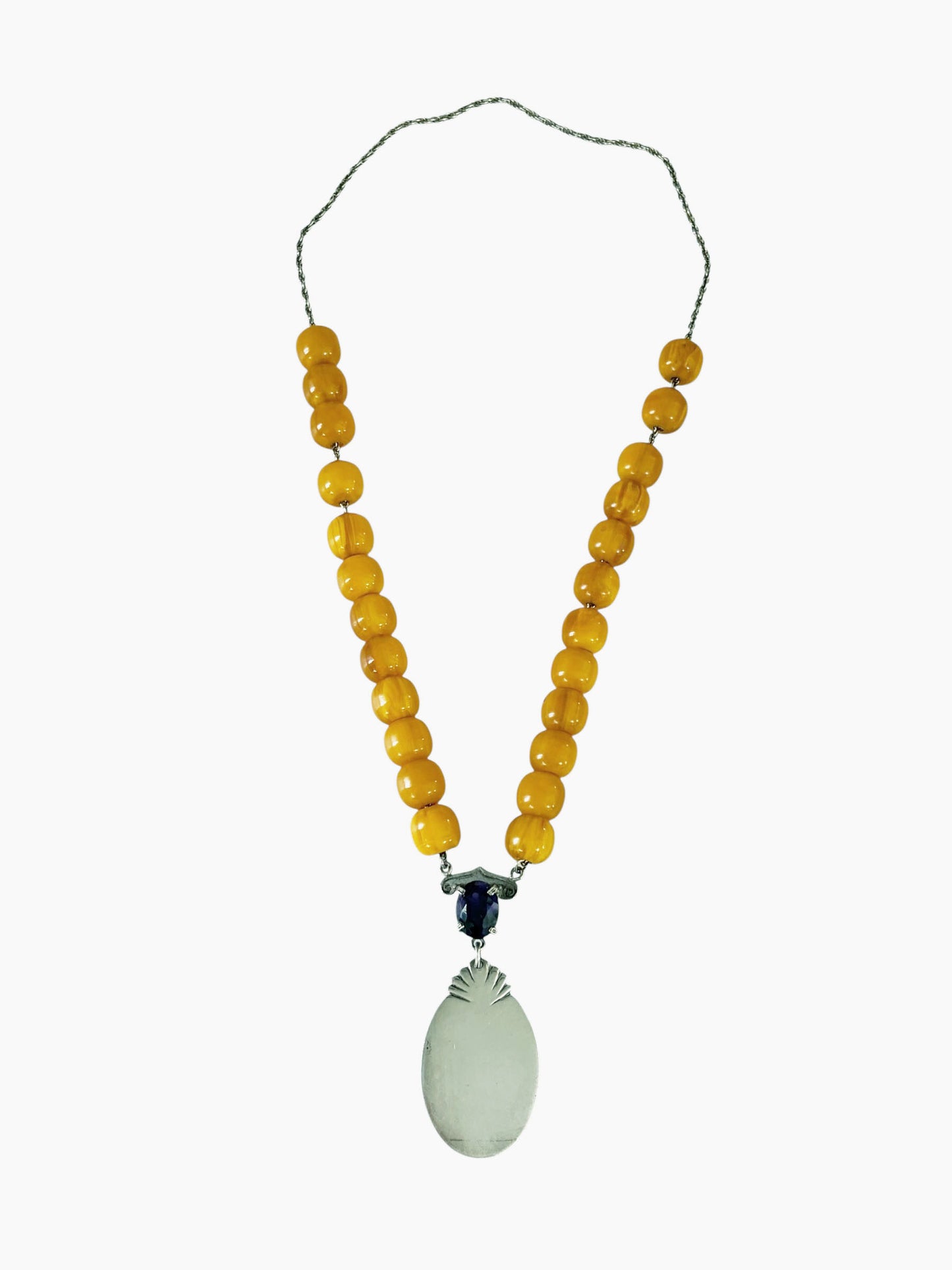 #139 Vintage  Designer Silver pendant Amber and Brazilian Amethyst Necklace