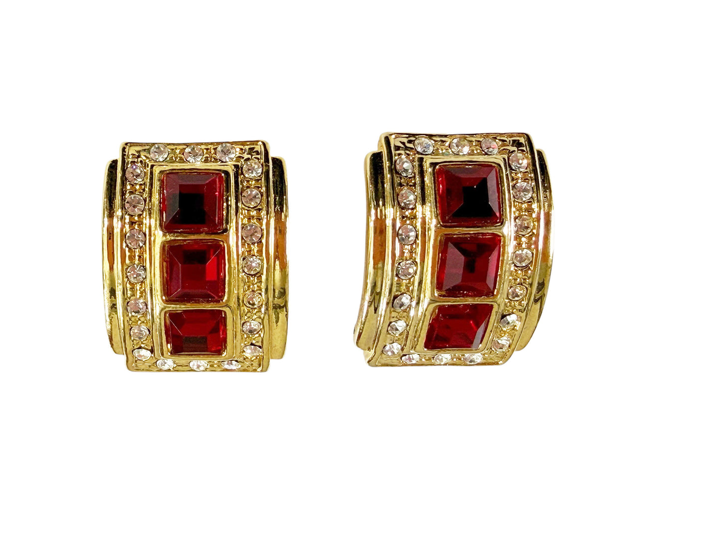 #42 Vintage  Cilp -On Goldstone Rhinstone Ruby and Diamond Earrings