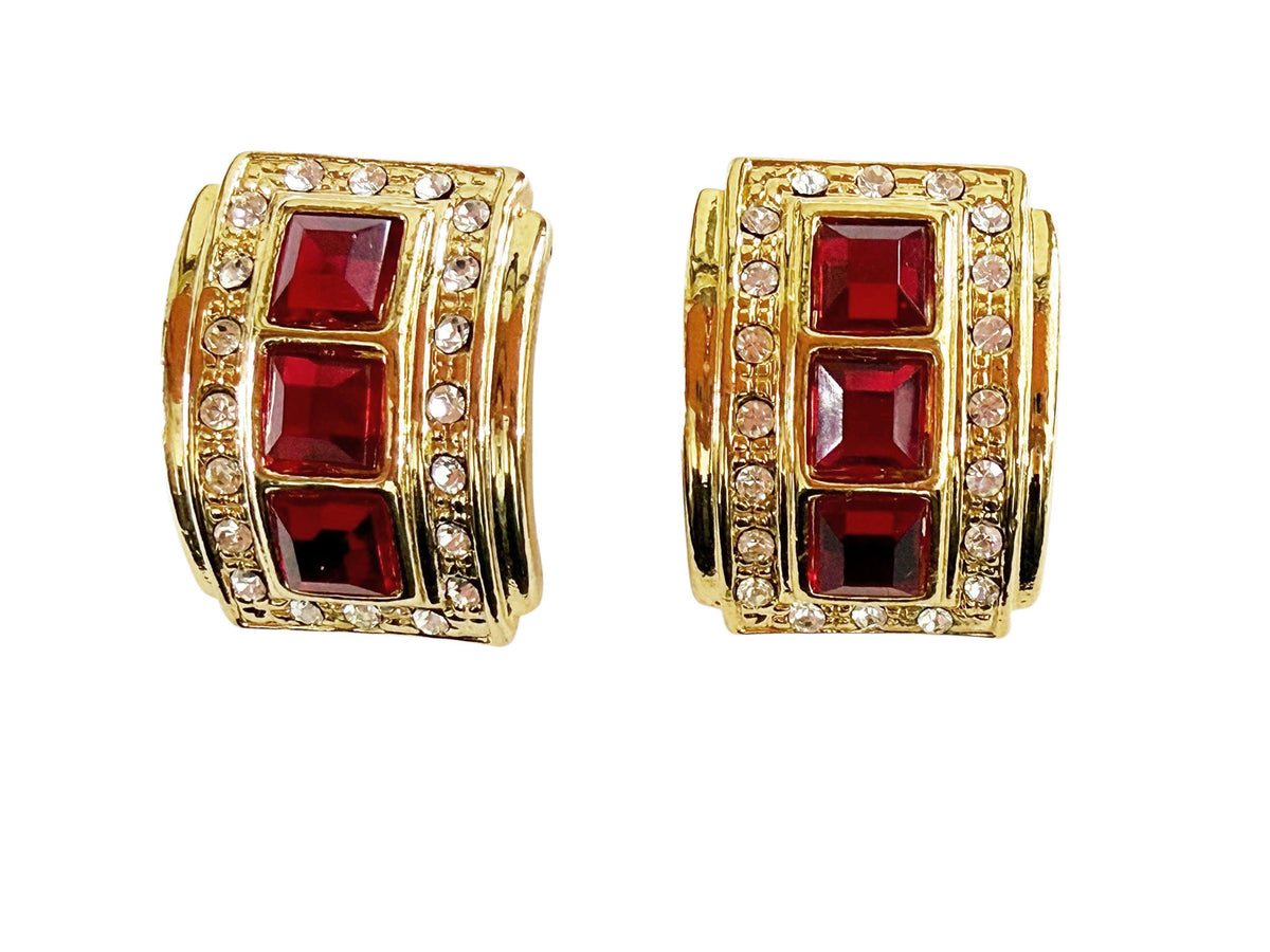 #42 Vintage  Cilp -On Goldstone Rhinstone Ruby and Diamond Earrings