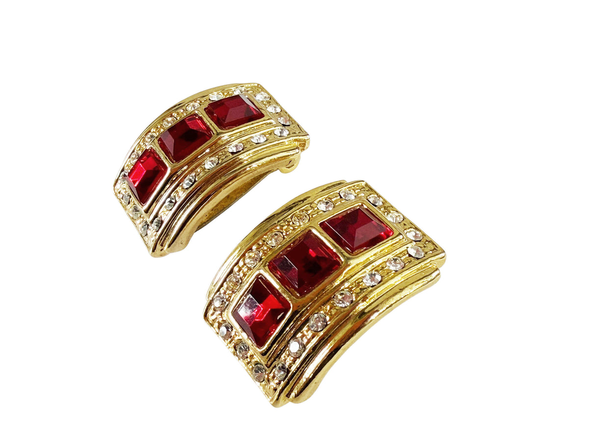 #42 Vintage  Cilp -On Goldstone Rhinstone Ruby and Diamond Earrings