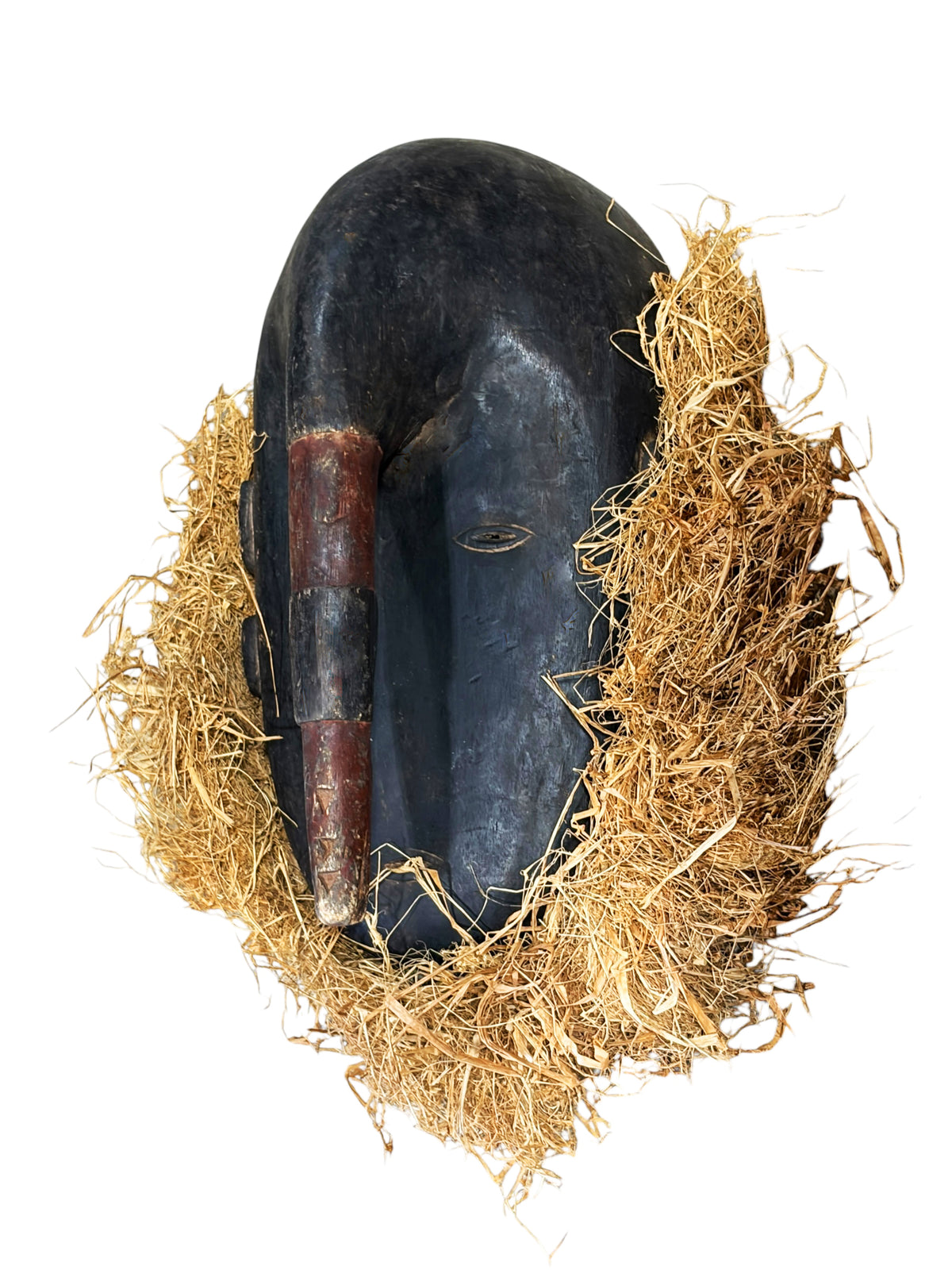 #1296 Vintage Wooden  W/Rafia Ligbi Mask Djimini People Ivory Coast  18" H