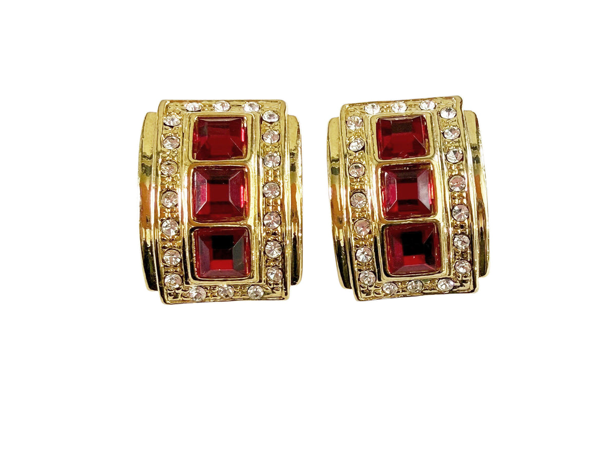 #42 Vintage  Cilp -On Goldstone Rhinstone Ruby and Diamond Earrings