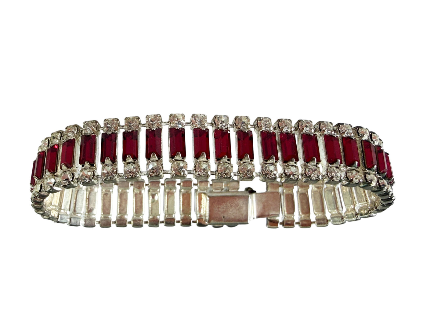 #33 Delicate White Gold tone  Bracelet W/ faux Ruby Baguette Stones and Diamond
