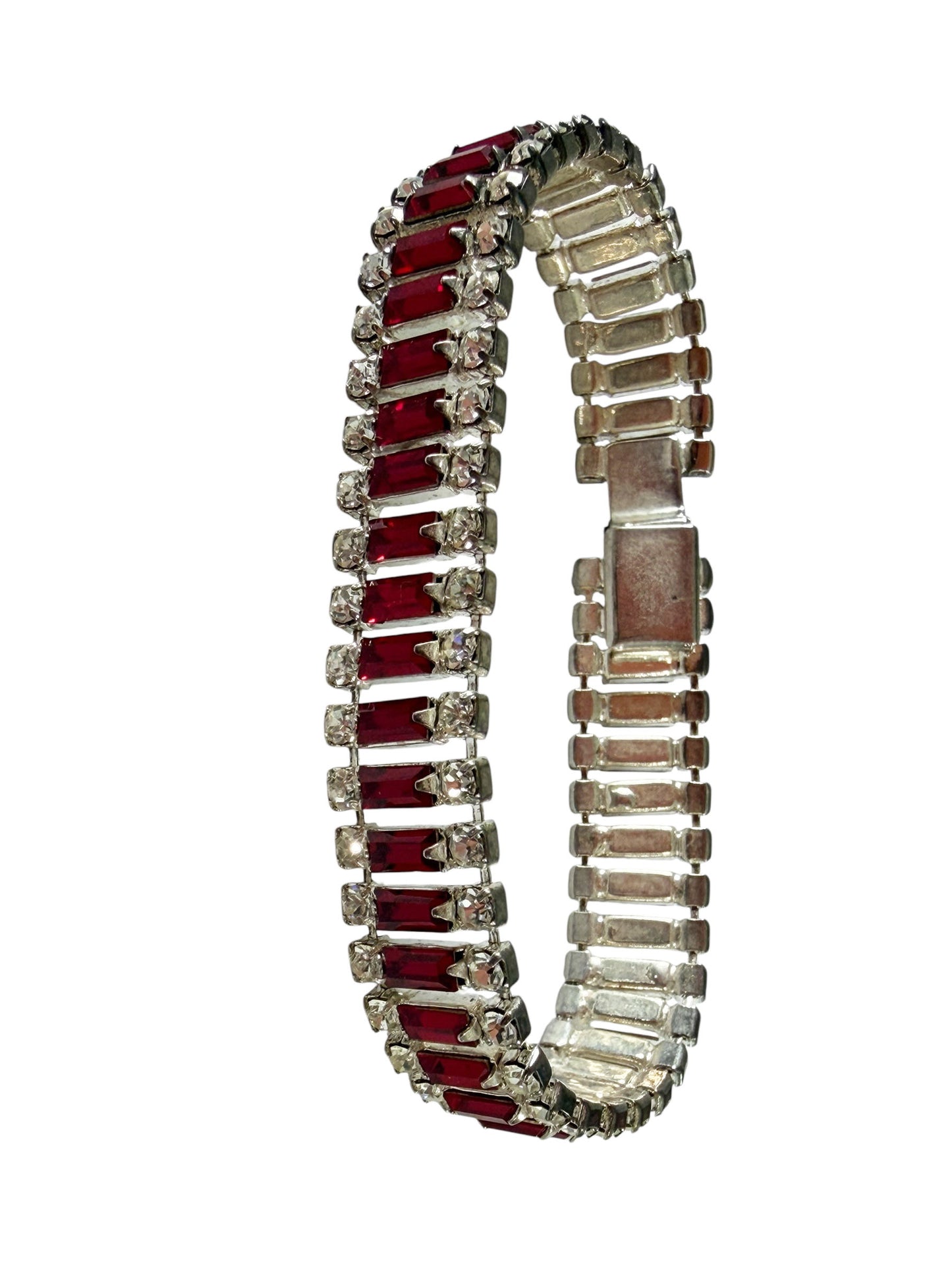 #33 Delicate White Gold tone  Bracelet W/ faux Ruby Baguette Stones and Diamond