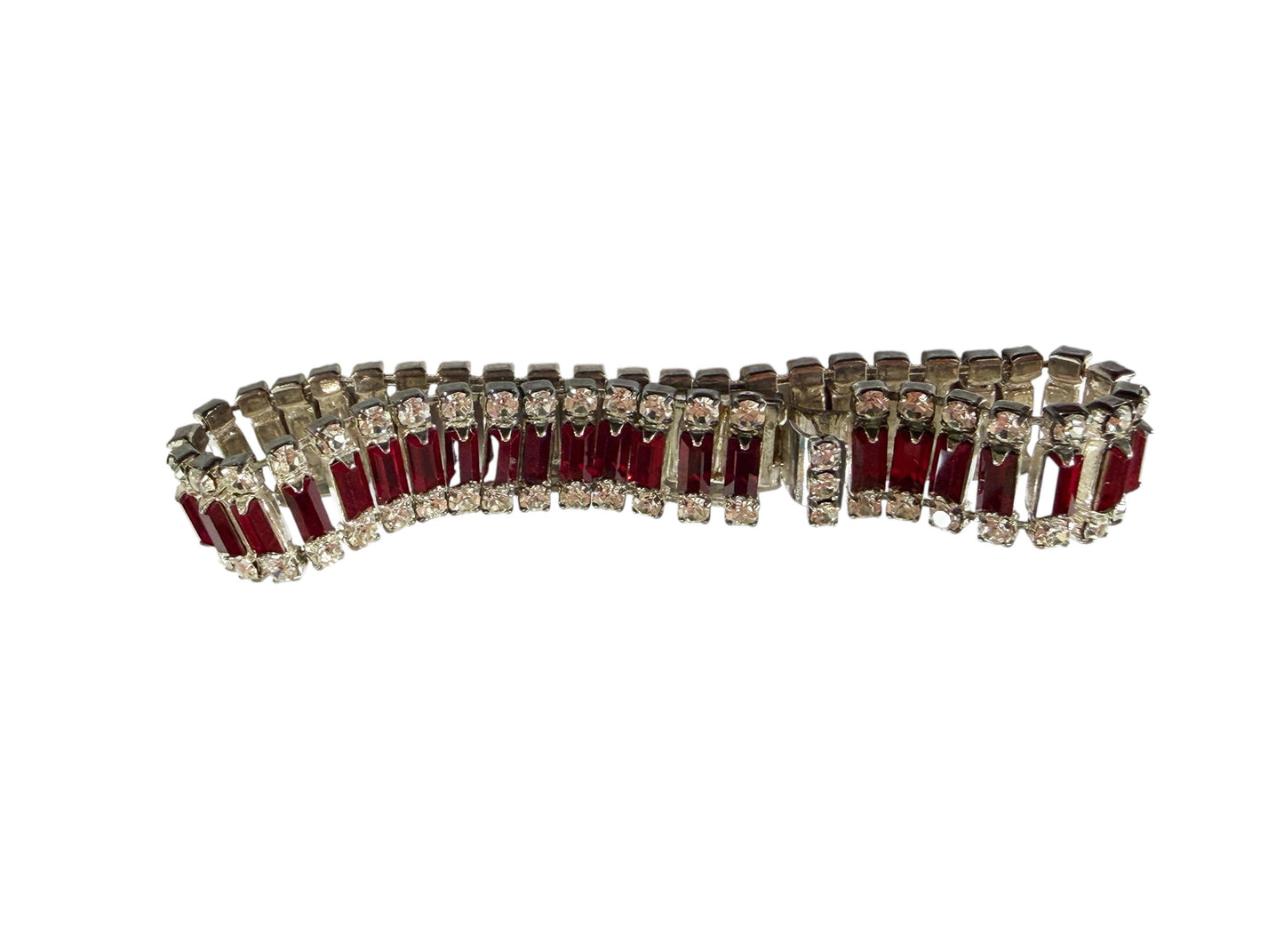 #33 Delicate White Gold tone  Bracelet W/ faux Ruby Baguette Stones and Diamond