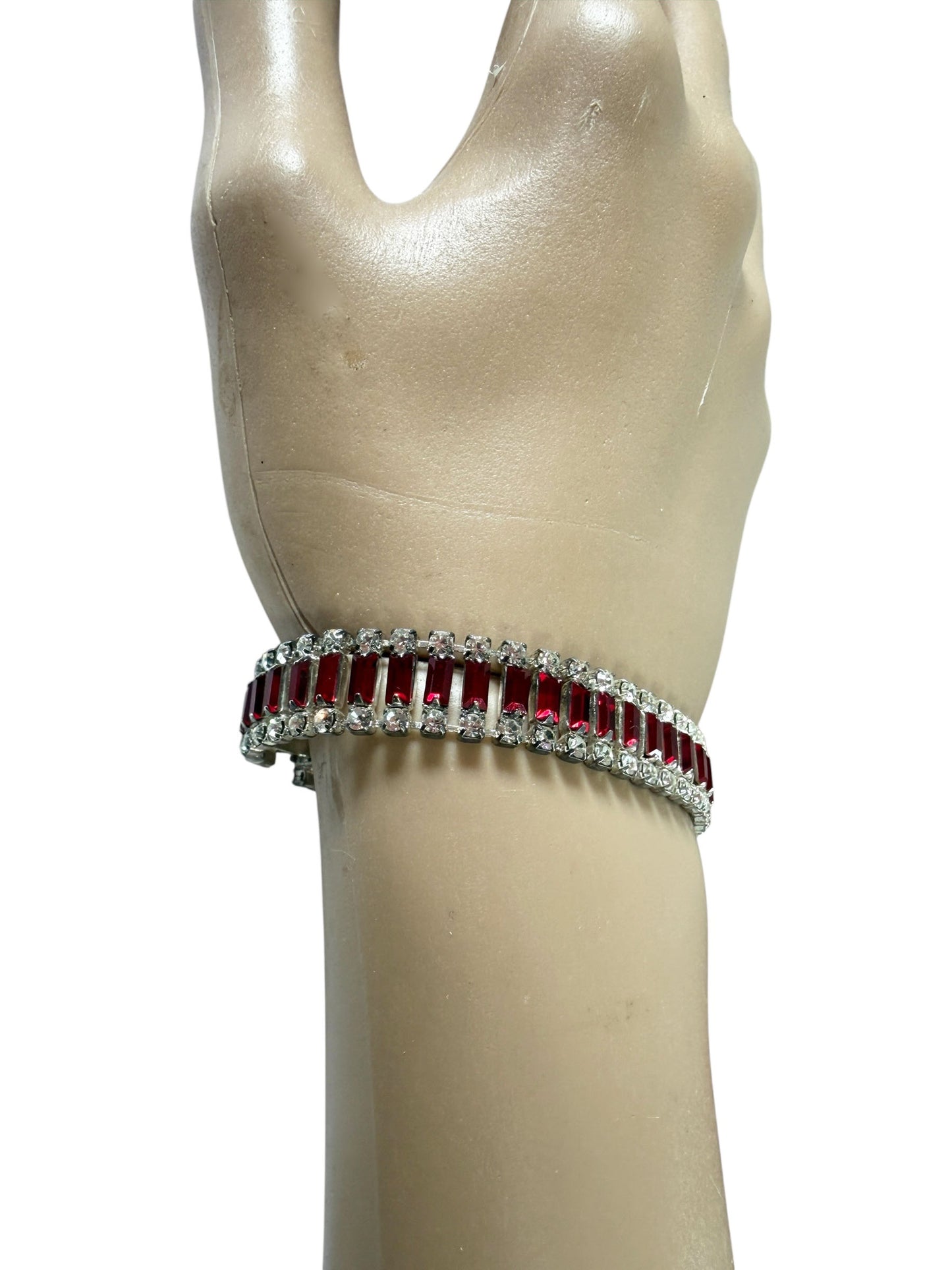 #33 Delicate White Gold tone  Bracelet W/ faux Ruby Baguette Stones and Diamond