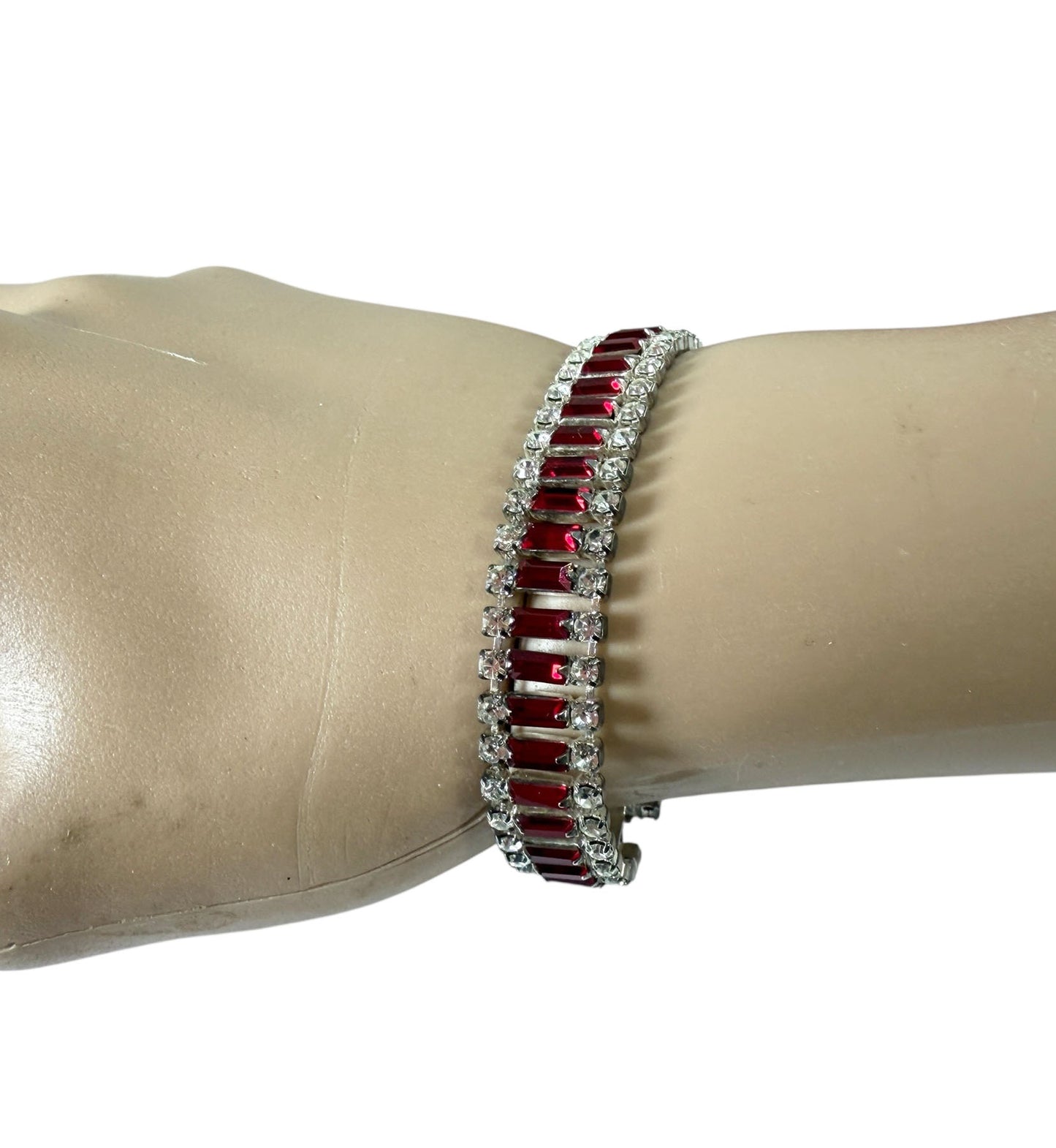 #33 Delicate White Gold tone  Bracelet W/ faux Ruby Baguette Stones and Diamond