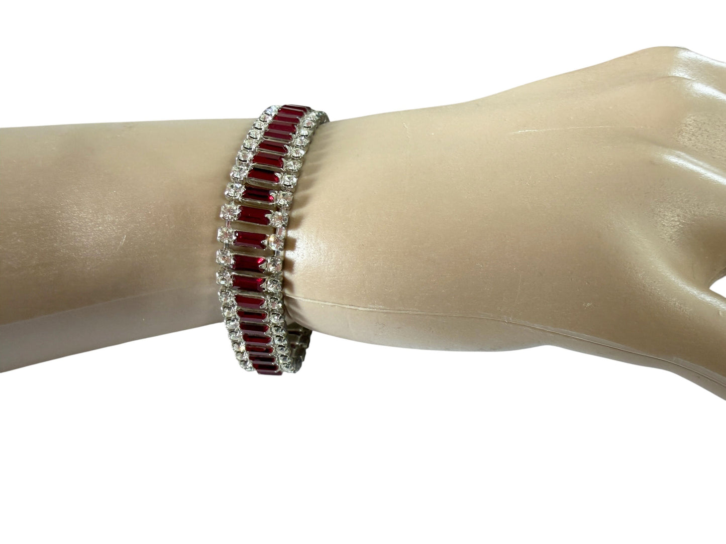 #33 Delicate White Gold tone  Bracelet W/ faux Ruby Baguette Stones and Diamond