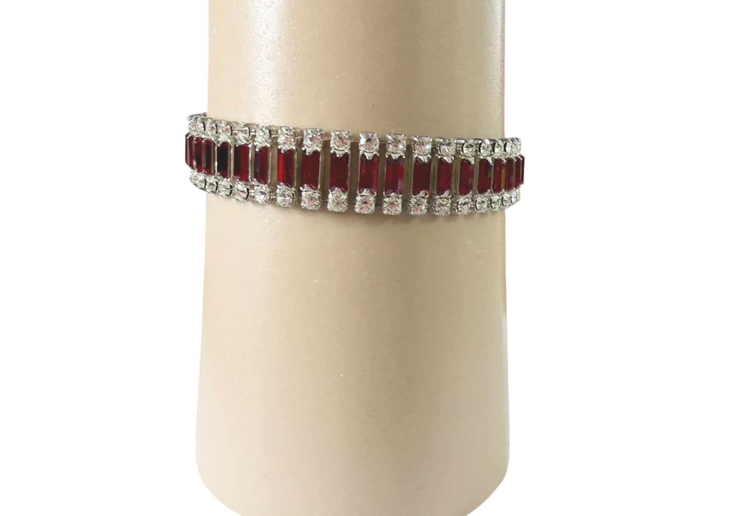 #33 Delicate White Gold tone  Bracelet W/ faux Ruby Baguette Stones and Diamond