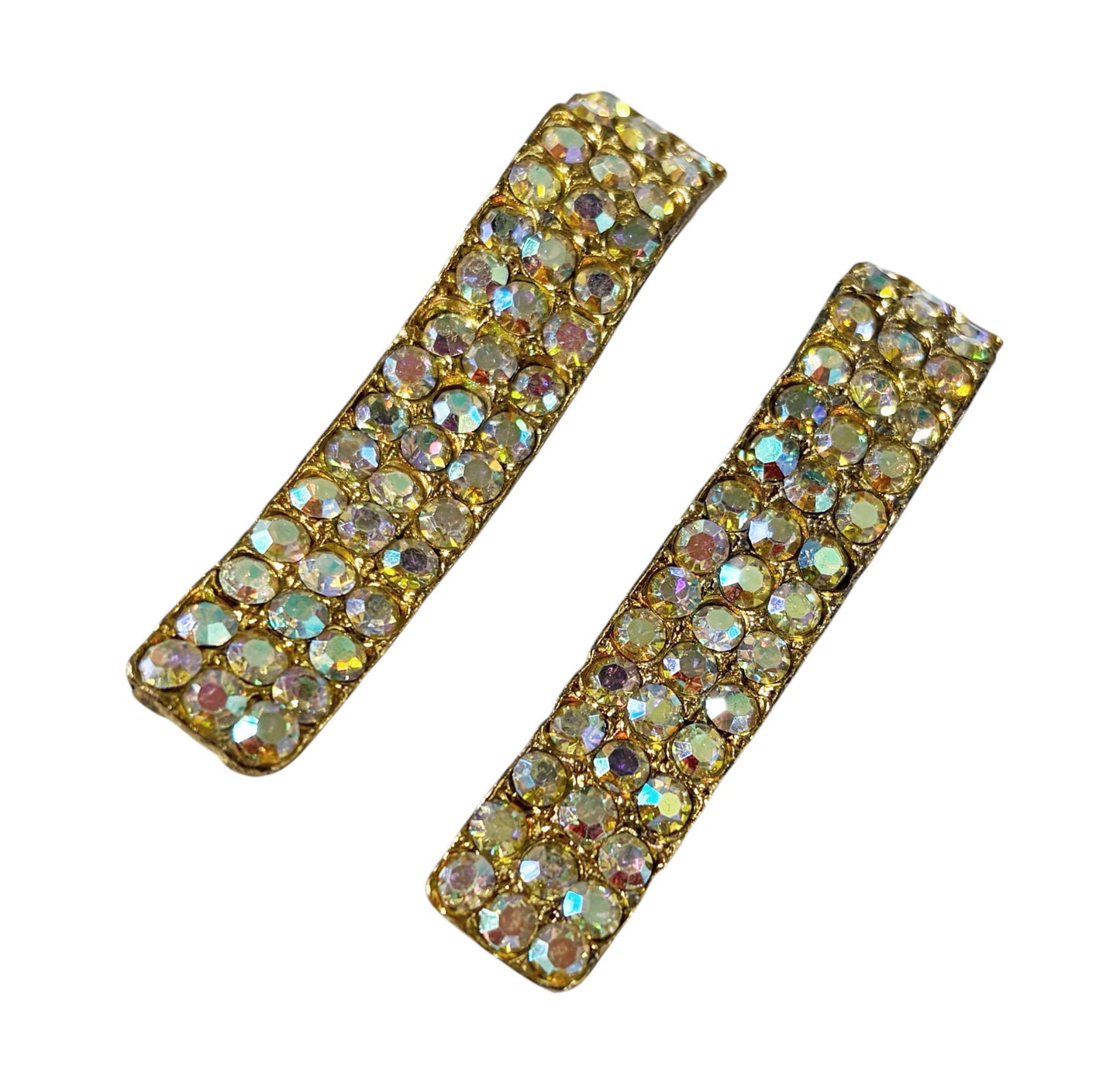 #44 Vtg 1950s-1960s Borealis Rhinestone Shoe Clips Gold Tone  2pc Set