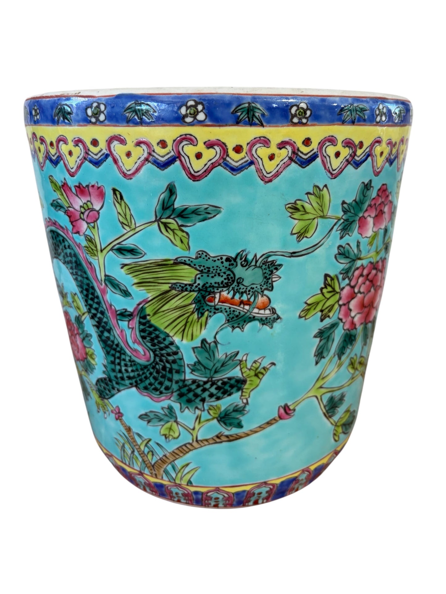 #5715 Vintage circa 1920 Chinoiserie Famille Rose Style  Porcelain Cachepot with Turquoise Glaze 8"H