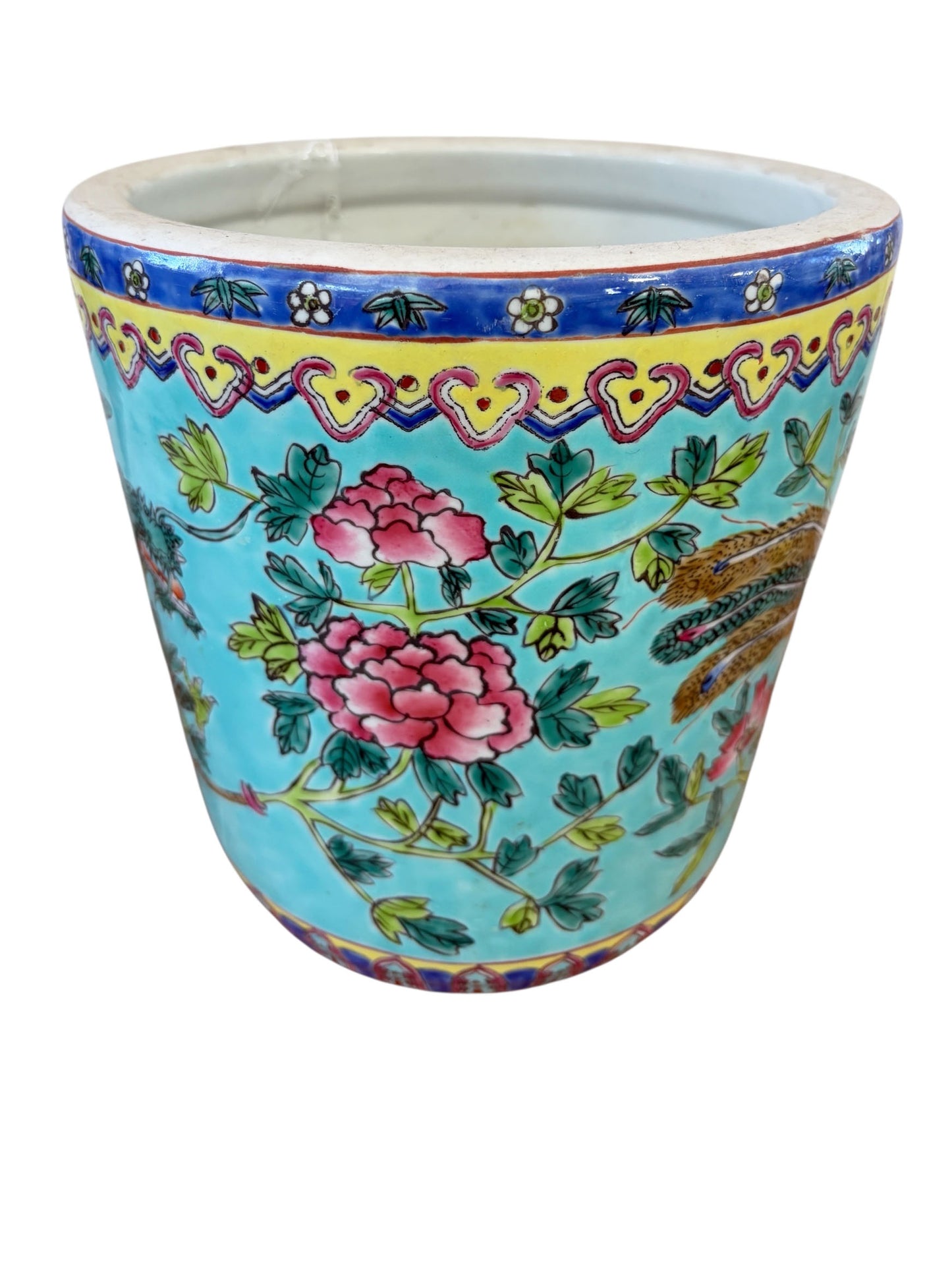#5715 Vintage circa 1920 Chinoiserie Famille Rose Style  Porcelain Cachepot with Turquoise Glaze 8"H