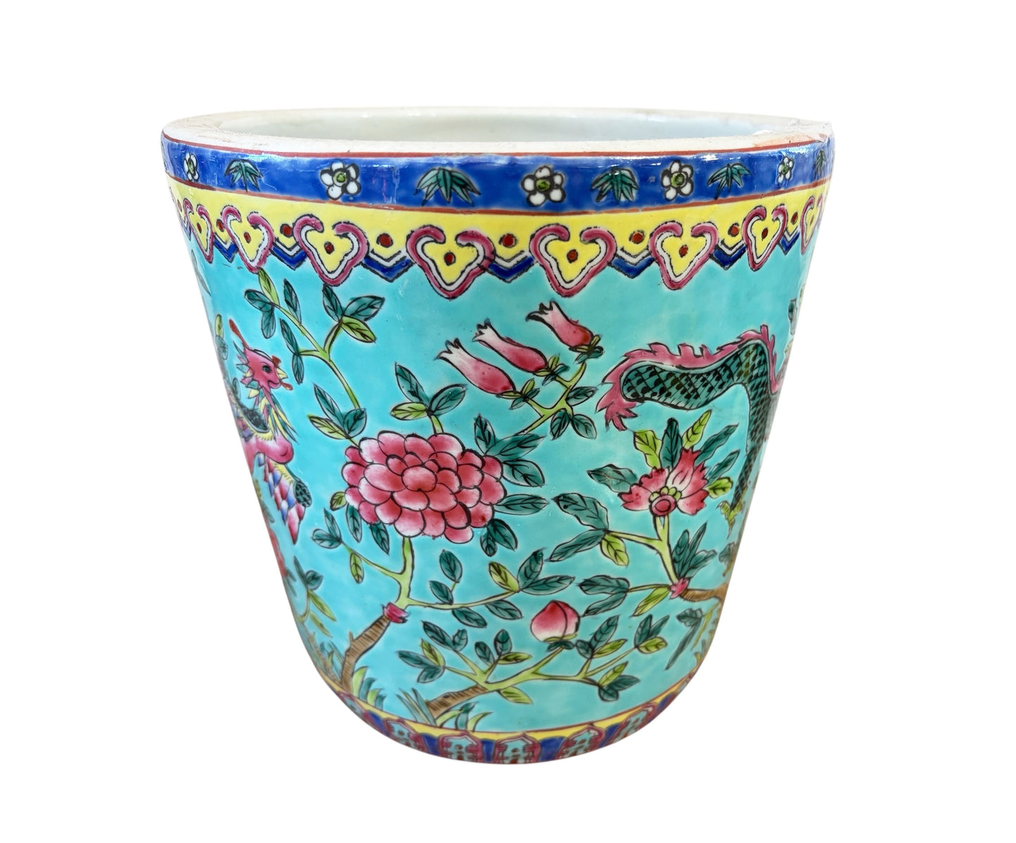 #5715 Vintage circa 1920 Chinoiserie Famille Rose Style  Porcelain Cachepot with Turquoise Glaze 8"H