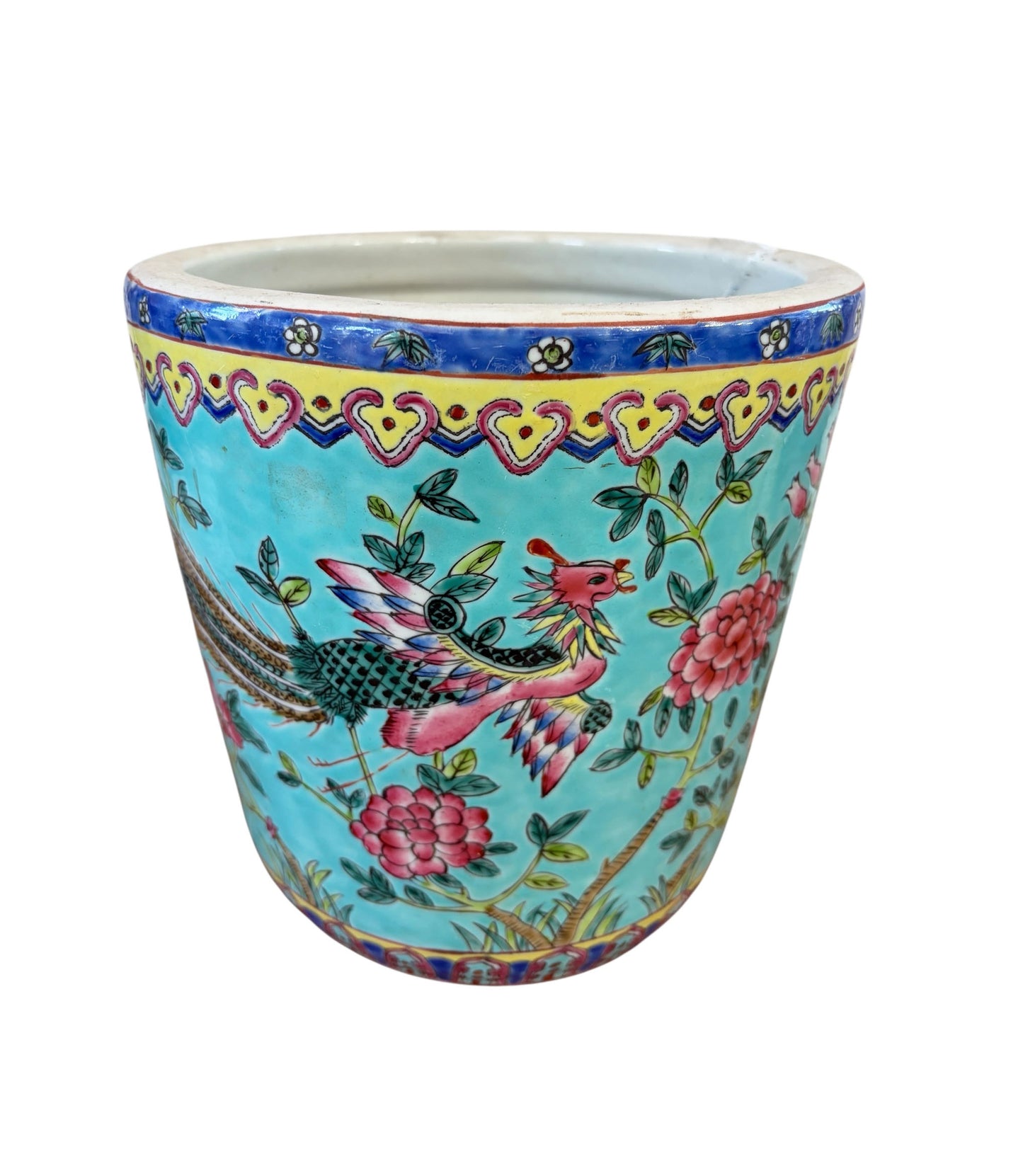 #5715 Vintage circa 1920 Chinoiserie Famille Rose Style  Porcelain Cachepot with Turquoise Glaze 8"H