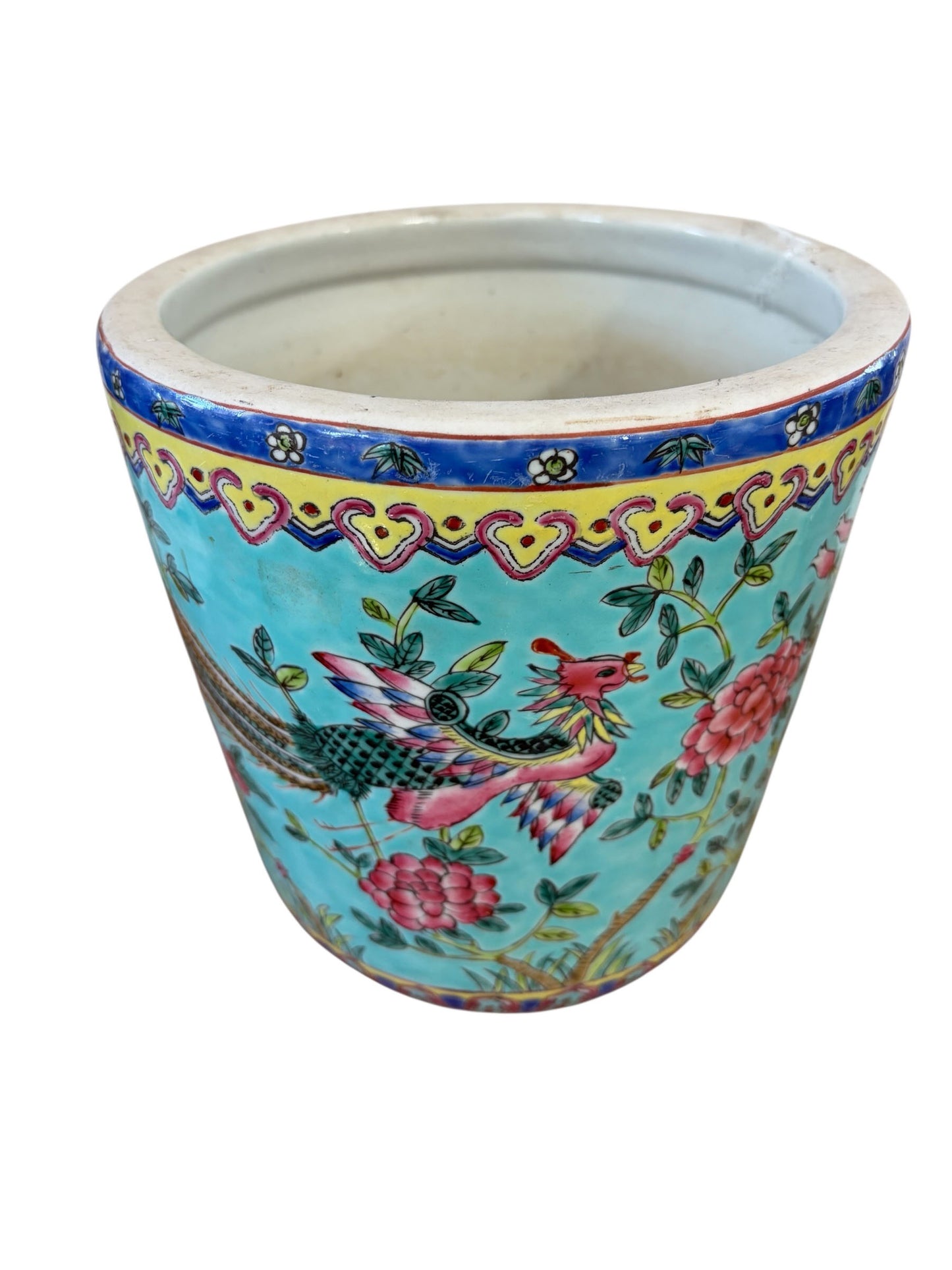 #5715 Vintage circa 1920 Chinoiserie Famille Rose Style  Porcelain Cachepot with Turquoise Glaze 8"H