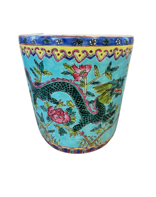 #5715 Vintage circa 1920 Chinoiserie Famille Rose Style  Porcelain Cachepot with Turquoise Glaze 8"H