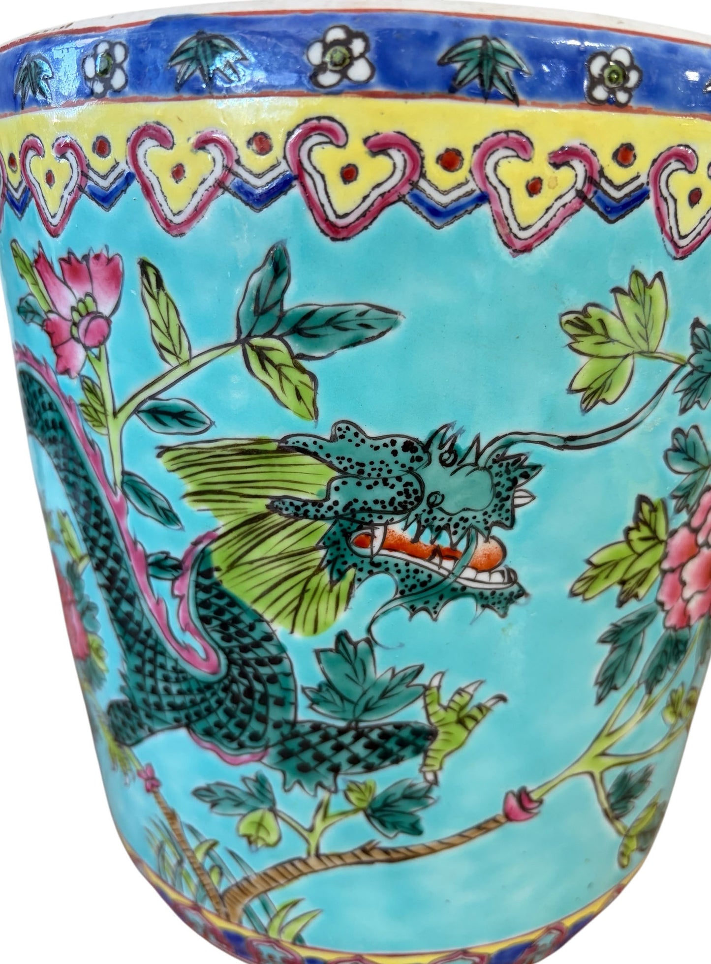 #5715 Vintage circa 1920 Chinoiserie Famille Rose Style  Porcelain Cachepot with Turquoise Glaze 8"H