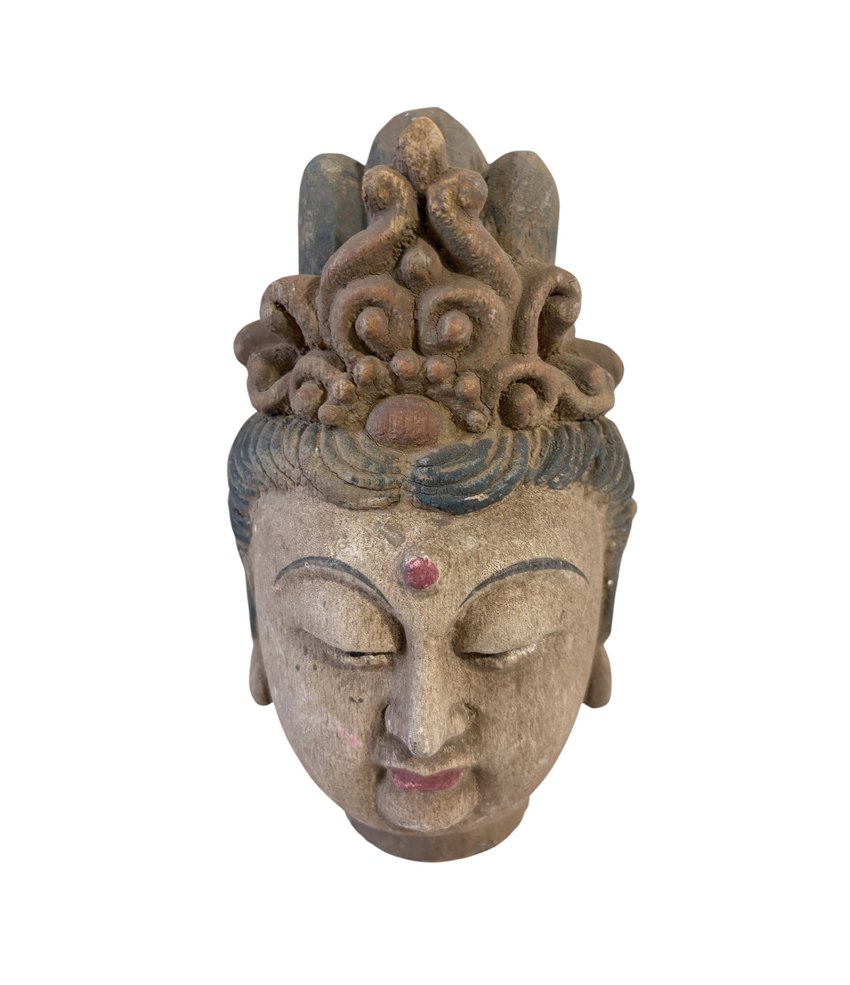 # 626A Vintage  Asian Carved Wood Guanyin  Head 9" H