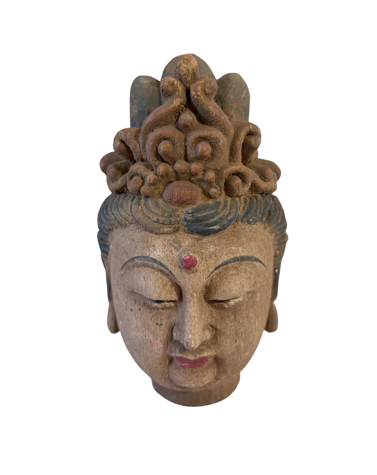 # 626A Vintage  Asian Carved Wood Guanyin  Head 9" H