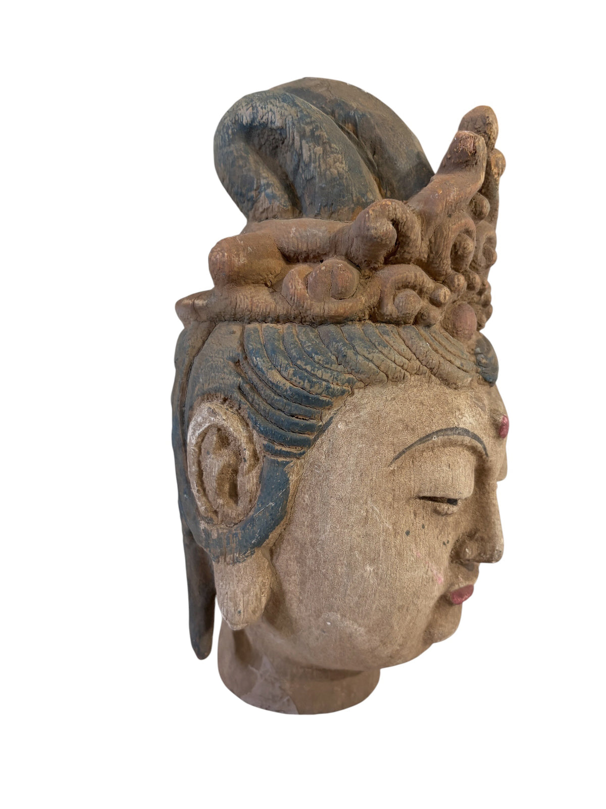 # 626A Vintage  Asian Carved Wood Guanyin  Head 9" H