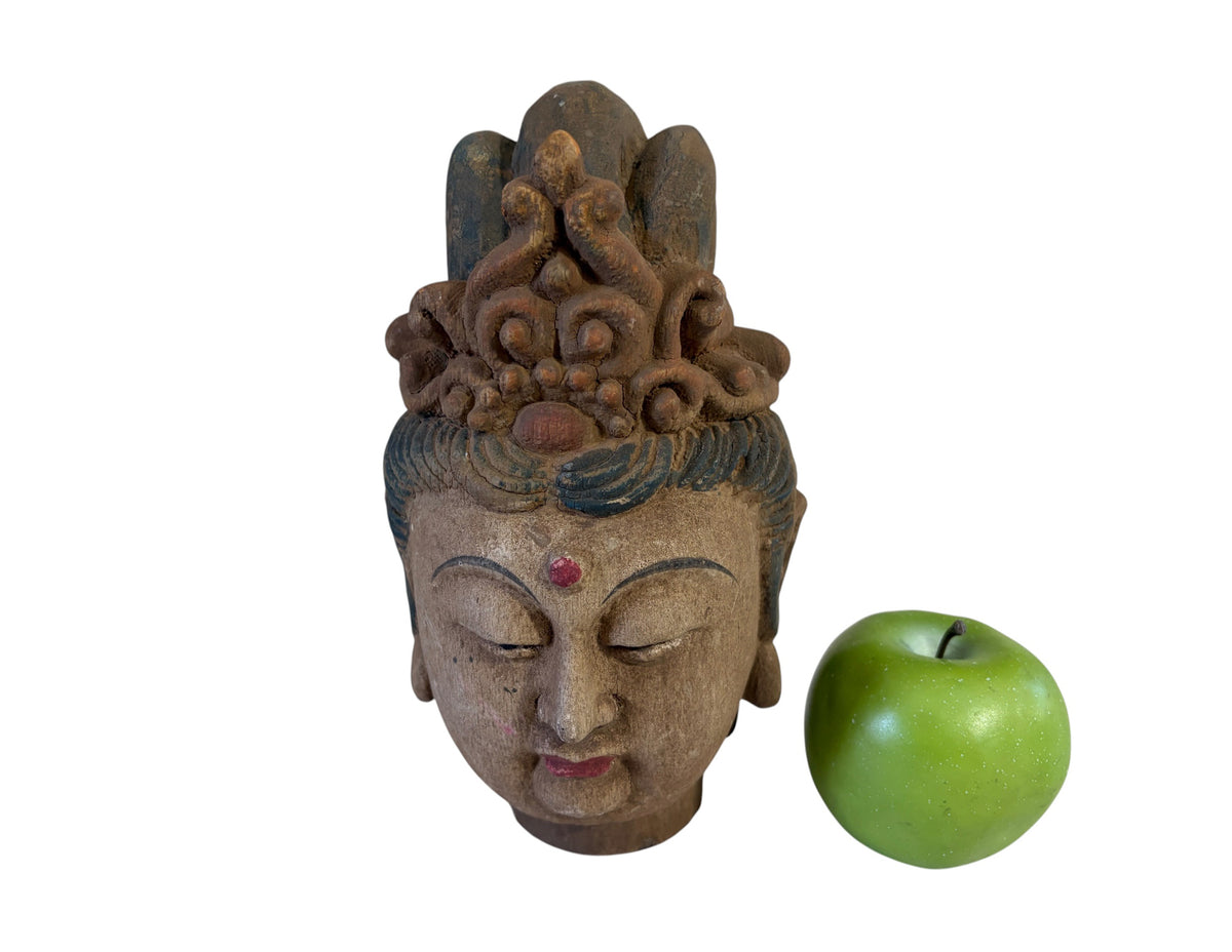 # 626A Vintage  Asian Carved Wood Guanyin  Head 9" H