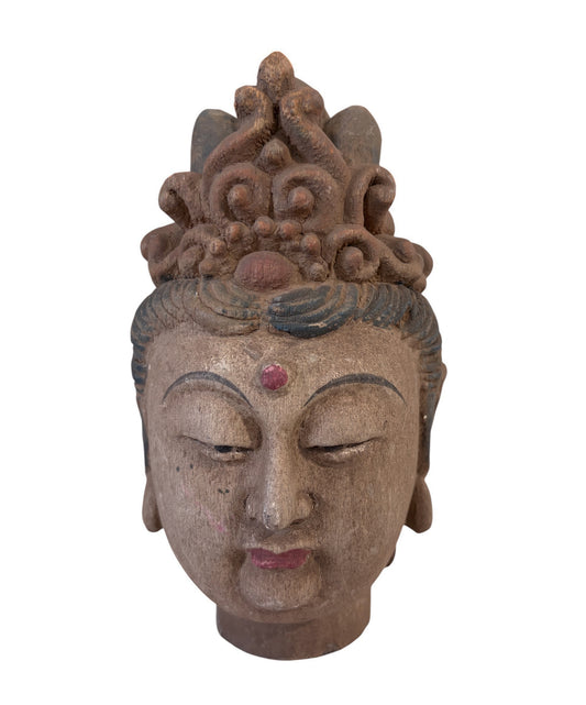 # 626A Vintage  Asian Carved Wood Guanyin  Head 9" H