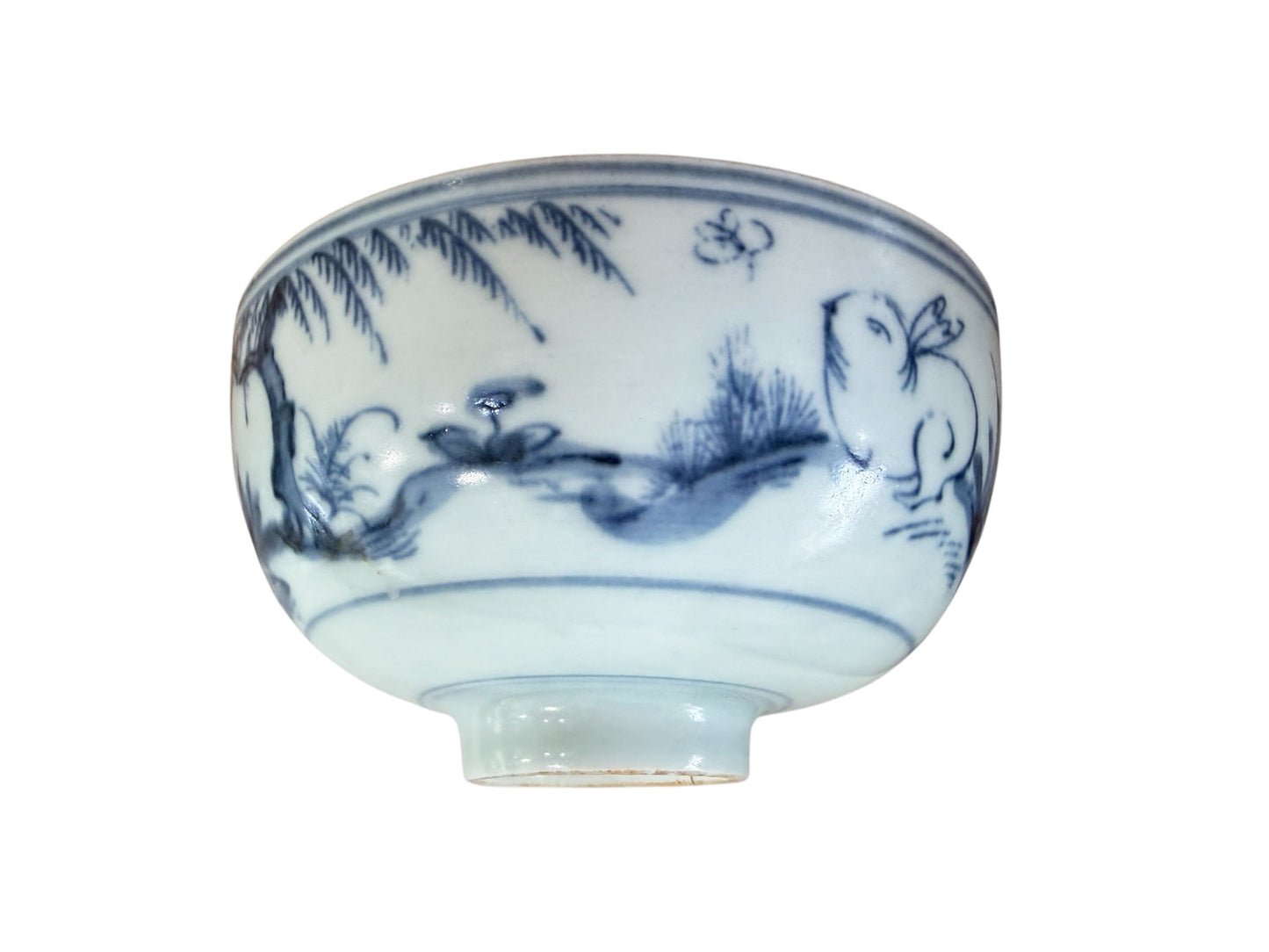 #1915 Vintage Chinoiserie  Porcelain  Blue and white Rice Bowl w/ Rabbit