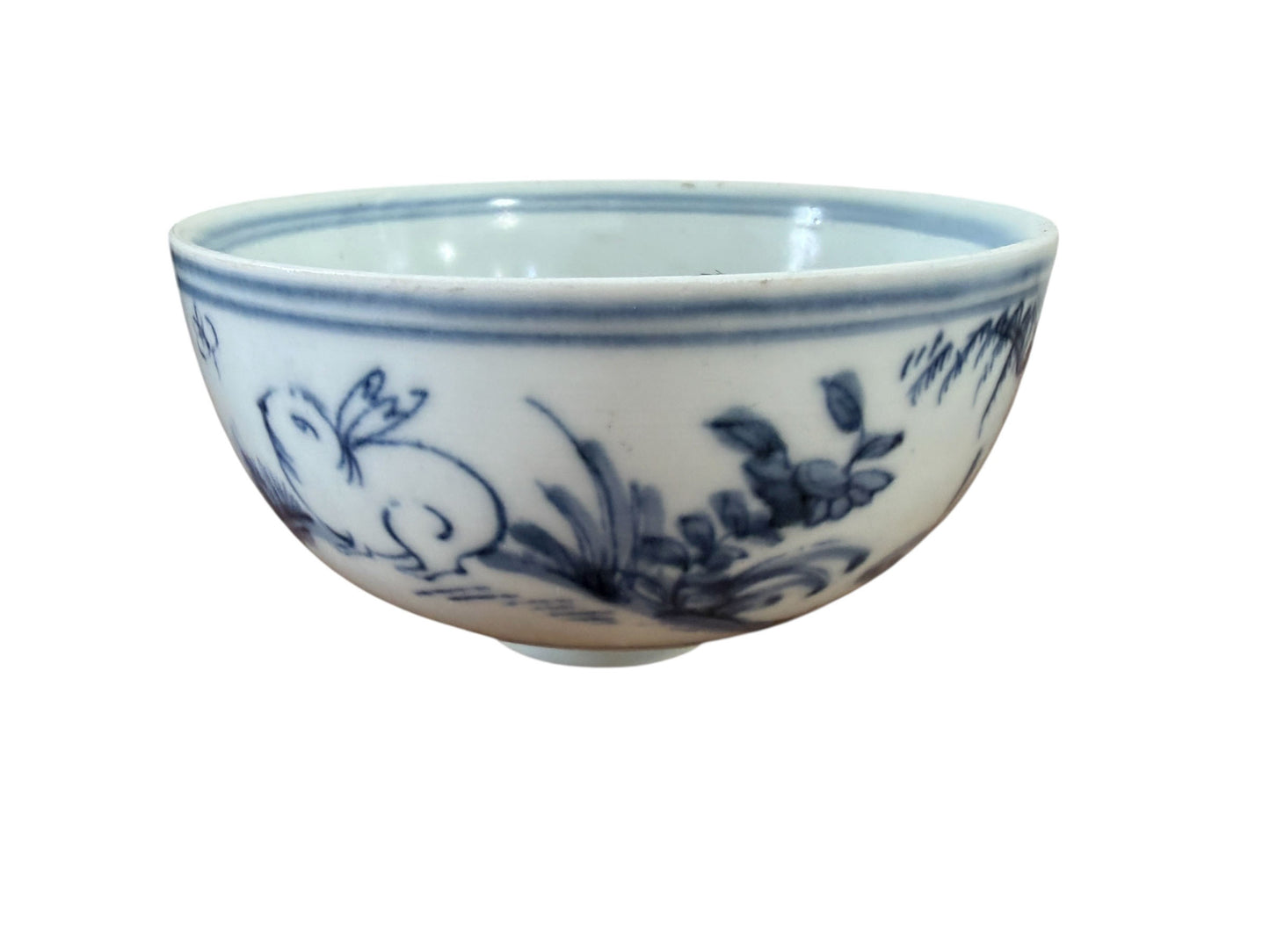 #1915 Vintage Chinoiserie  Porcelain  Blue and white Rice Bowl w/ Rabbit