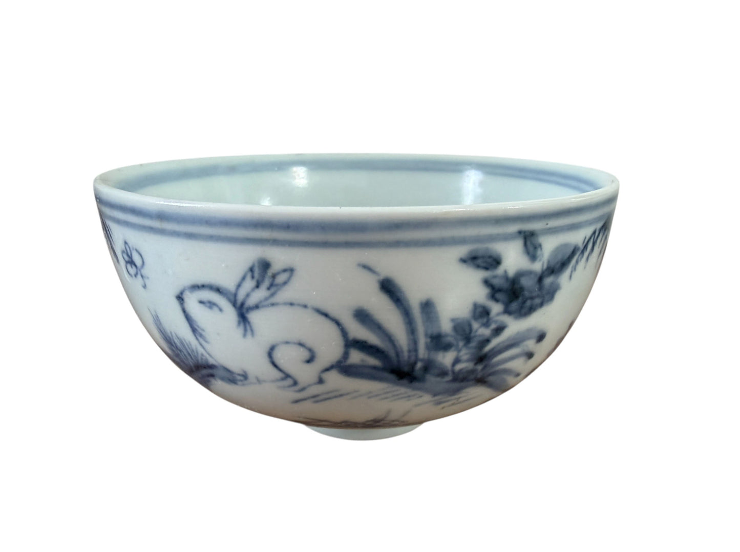 #1915 Vintage Chinoiserie  Porcelain  Blue and white Rice Bowl w/ Rabbit