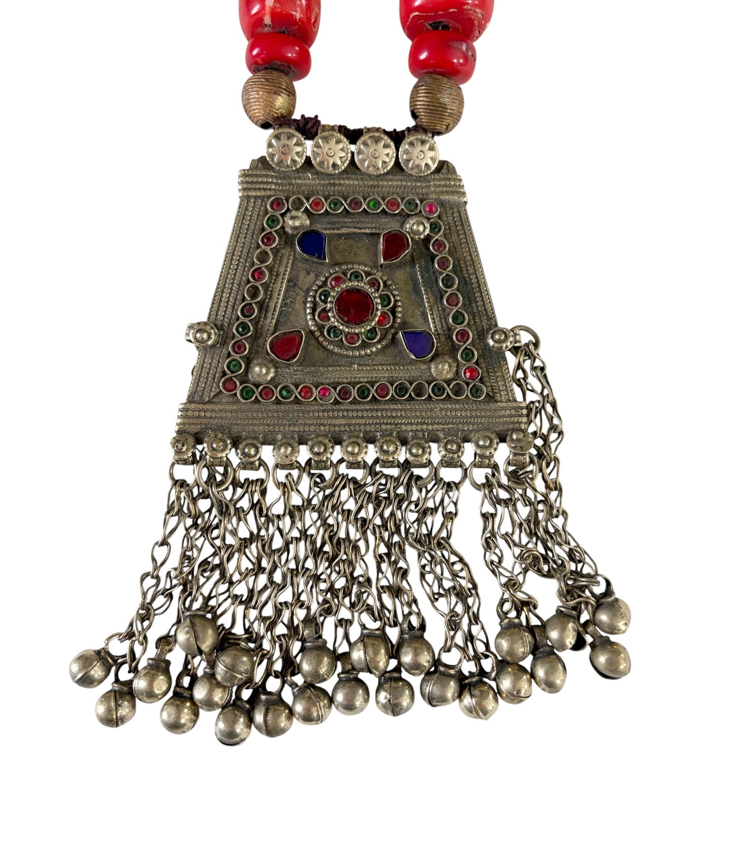 #677 Vintage  Tribal Afghan Necklace W/Coral wall Hanging 22" H