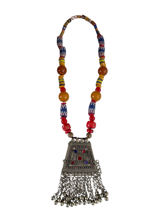 #677 Vintage  Tribal Afghan Necklace W/Coral wall Hanging 22" H